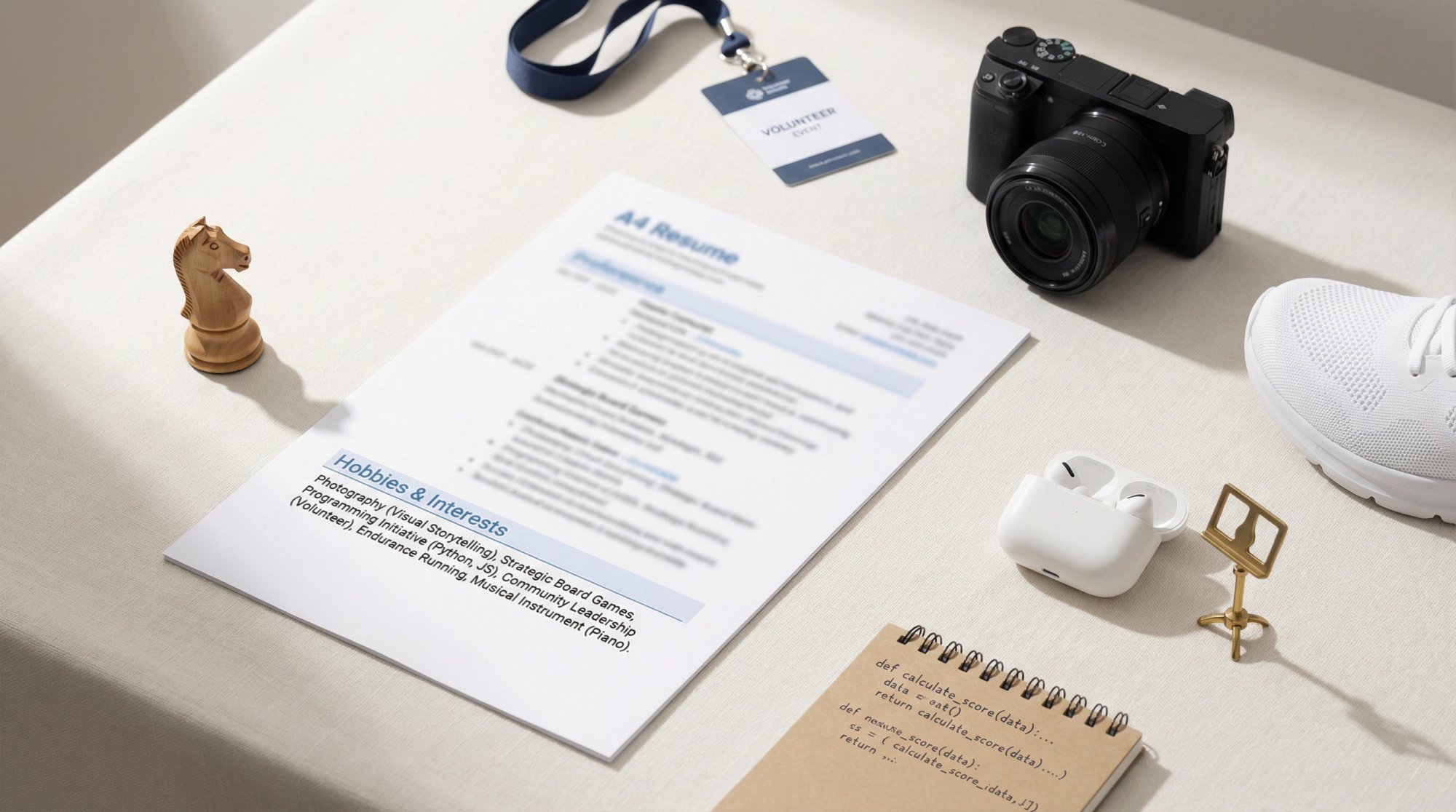 Overhead flat-lay of a clean resume with a highlighted hobbies section surrounded by objects representing valuable skills