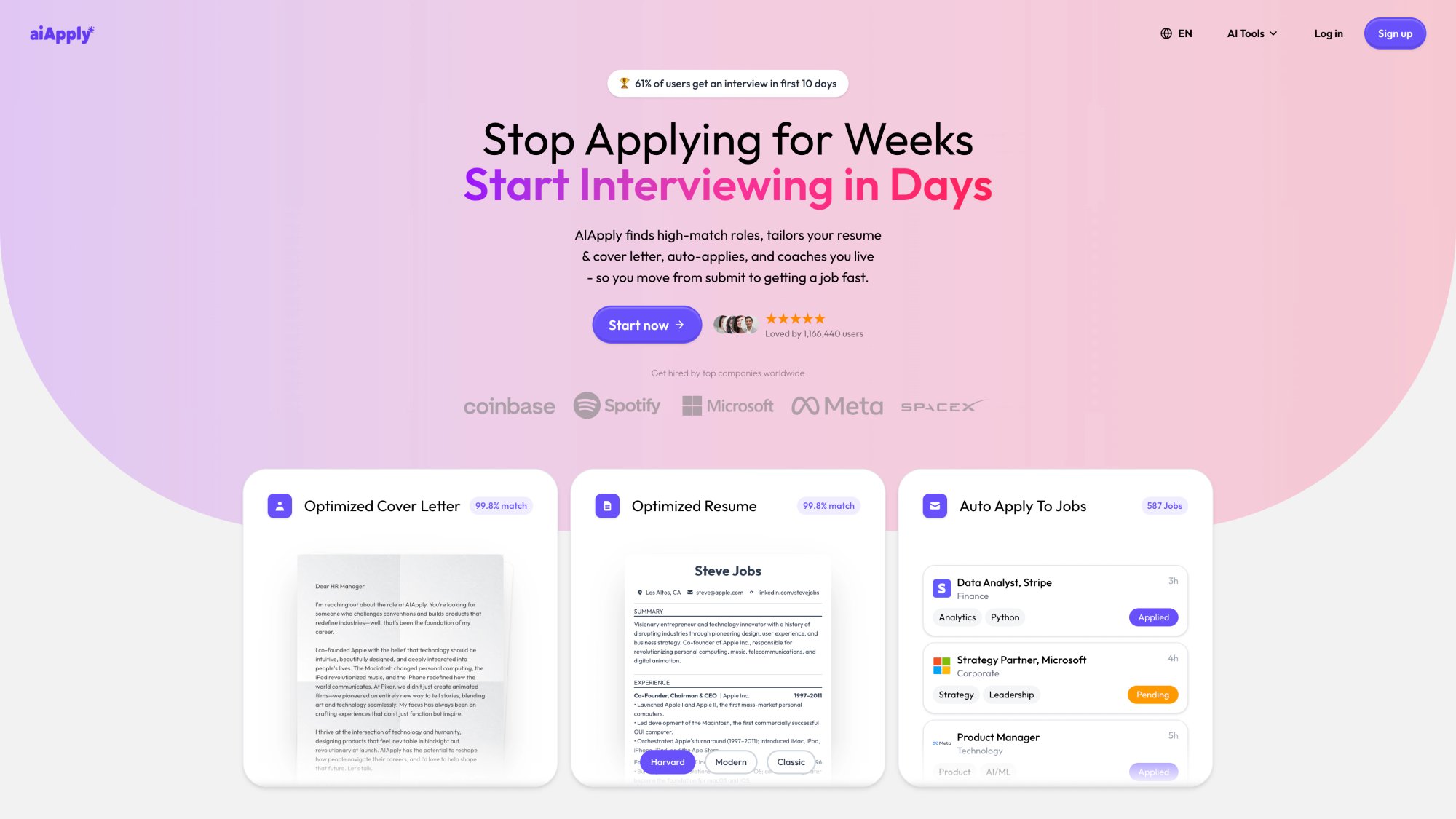 AIApply homepage showing the full job search platform with resume builder, cover letter, and auto-apply features