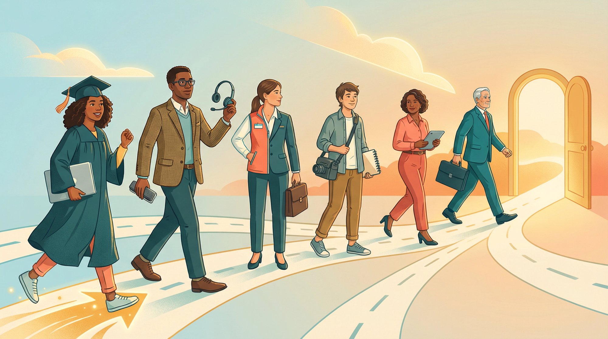 Editorial illustration showing diverse professionals at career transition points — student, career changer, freelancer, executive — all moving toward new opportunities