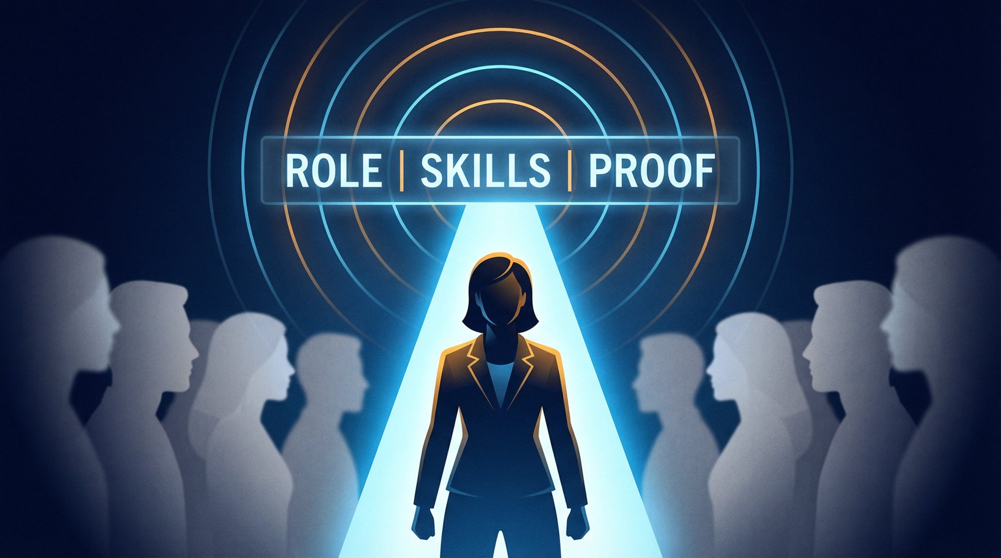 Professional standing in a spotlight among dimly lit profiles, representing a clear LinkedIn headline signal that stands out to recruiters