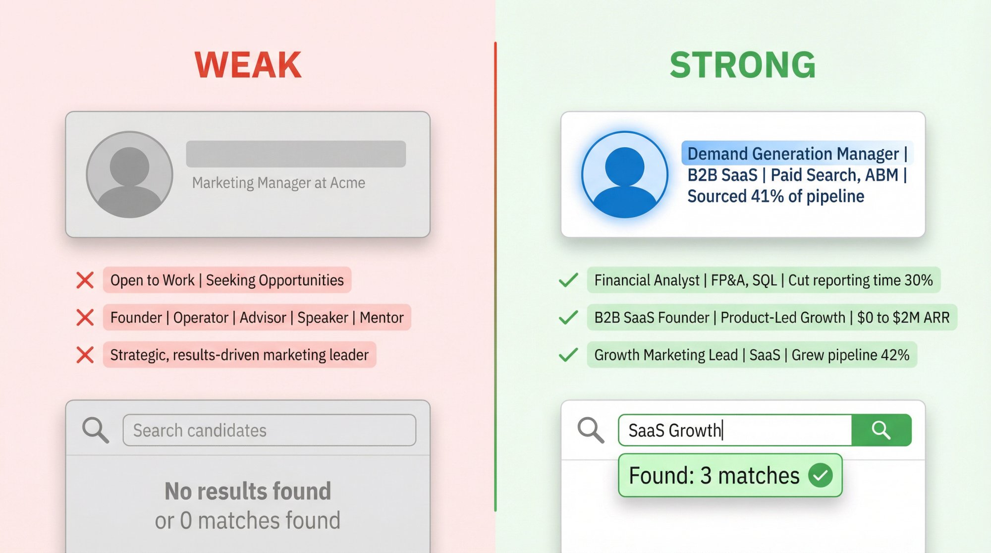 Side-by-side comparison of weak LinkedIn headline mistakes versus strong optimized alternatives for job seekers