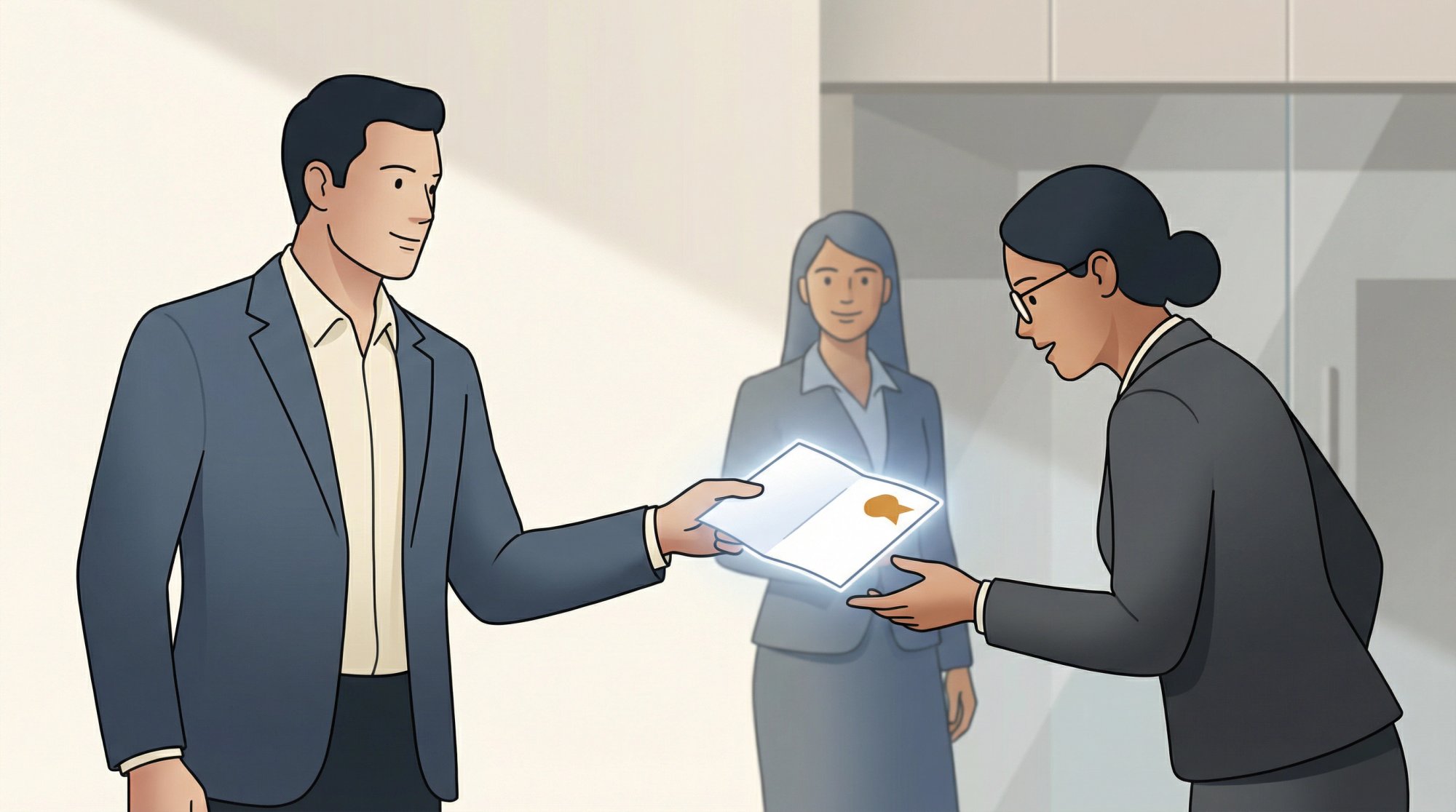 Professional handing a formal letter of recommendation to a hiring manager, symbolizing third-party credibility and trust in job applications