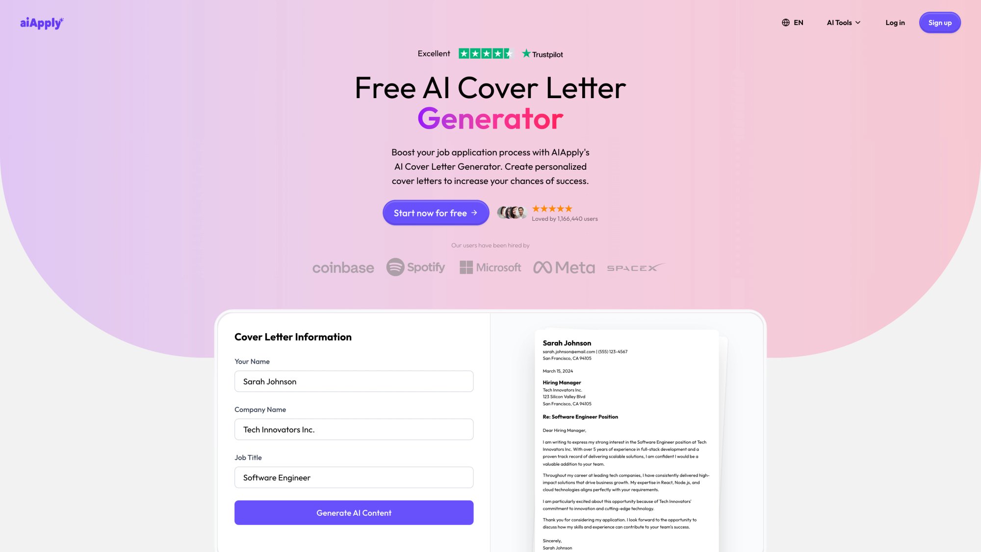 AIApply Free AI Cover Letter Generator hero page showing form fields and a generated cover letter preview alongside Trustpilot rating and recognized brand logos