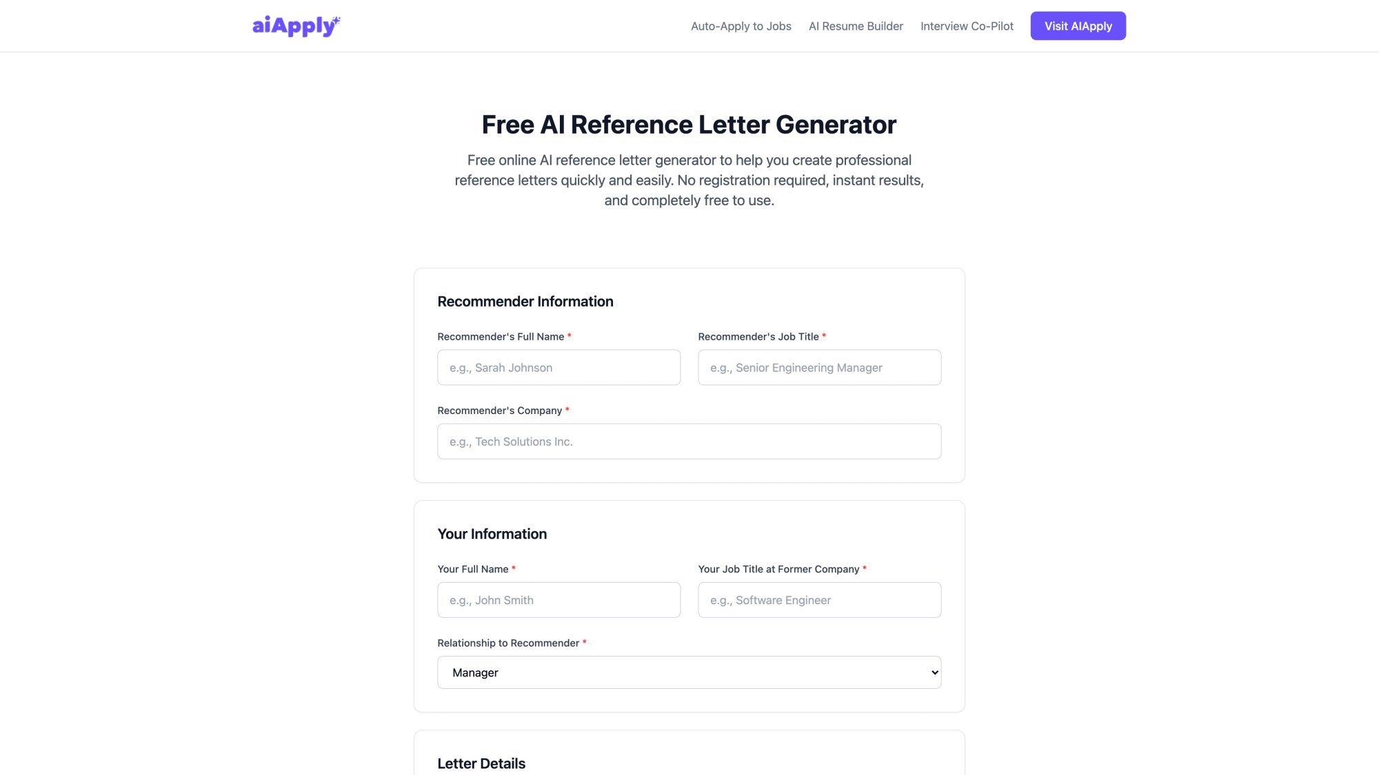 AIApply Free AI Reference Letter Generator tool interface showing Recommender Information and Your Information form fields for creating professional recommendation letters