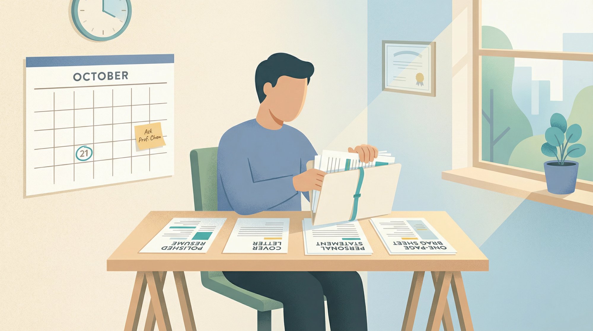 Applicant preparing a recommendation request packet with resume, cover letter, and brag sheet materials