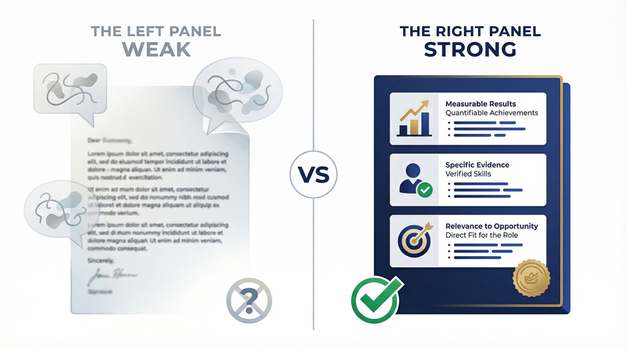 Side-by-side comparison of weak vague praise versus strong evidence-based recommendation letter wording