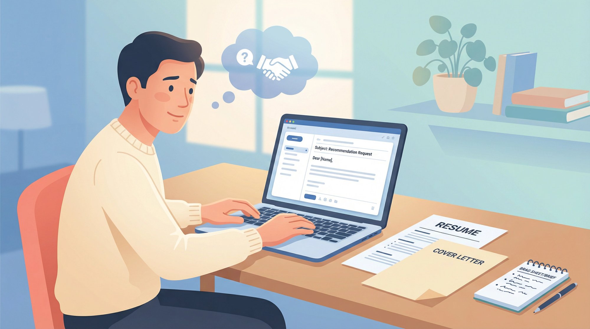 Person drafting a polite email requesting a letter of recommendation on a laptop screen