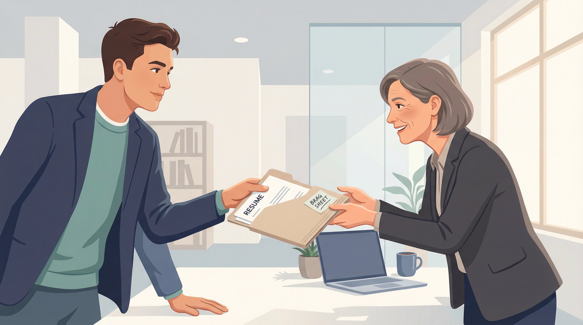 Job candidate handing an organized support packet to a recommender, illustrating preparation for a letter of recommendation