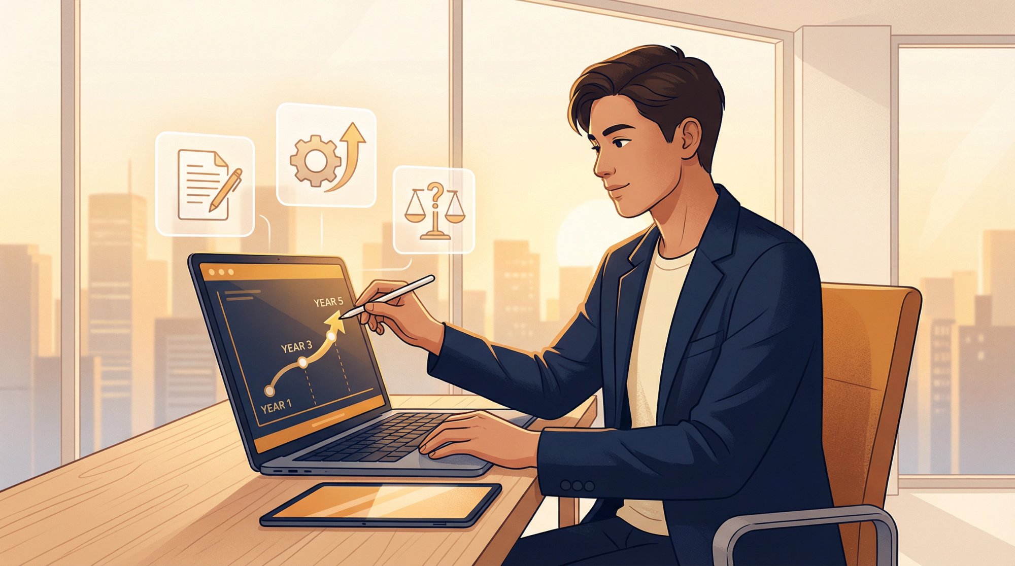 Professional at a modern desk using AI tools to map out a five-year career trajectory with confidence and clarity