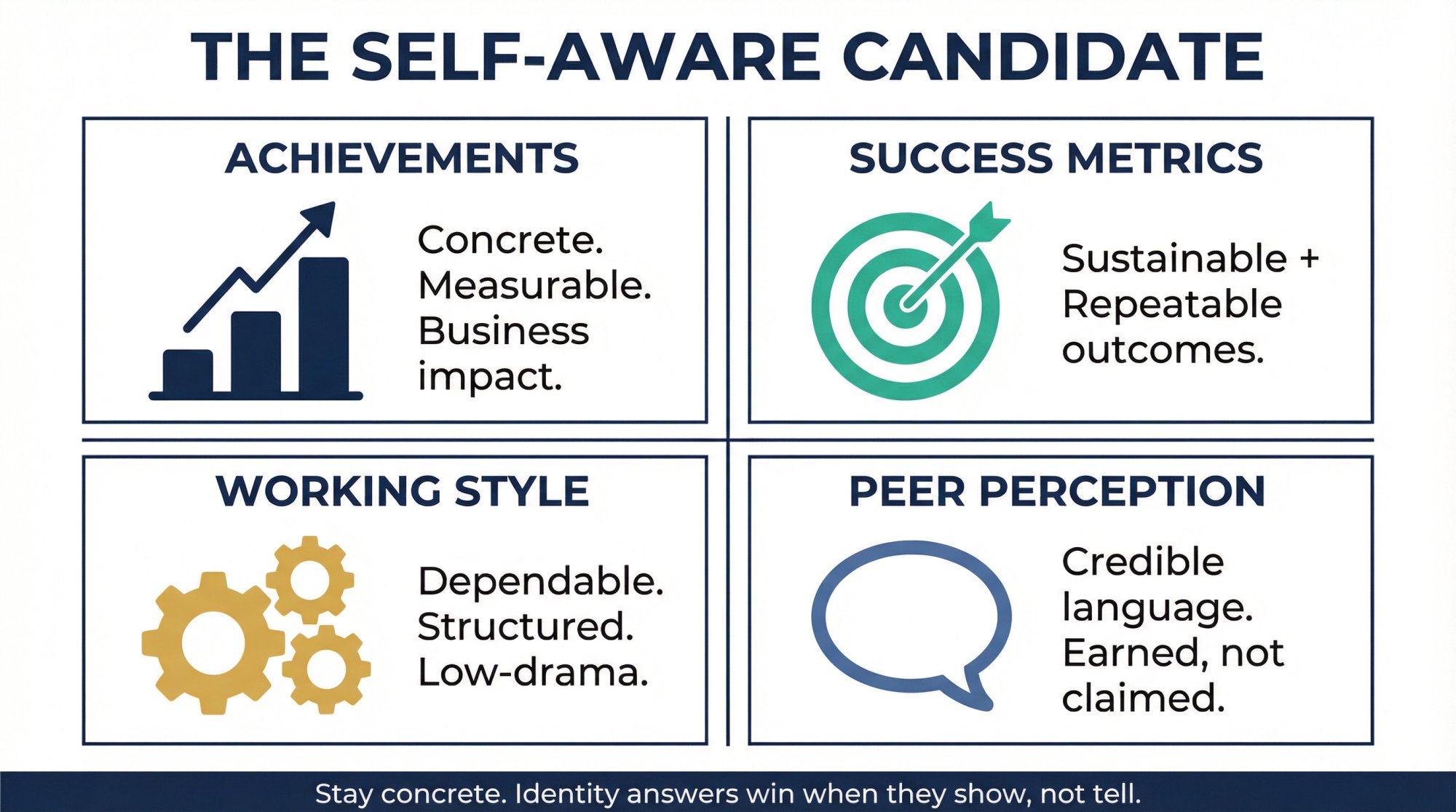 Professional self-awareness framework showing four quadrants: achievements, how you measure success, working style, and peer perception
