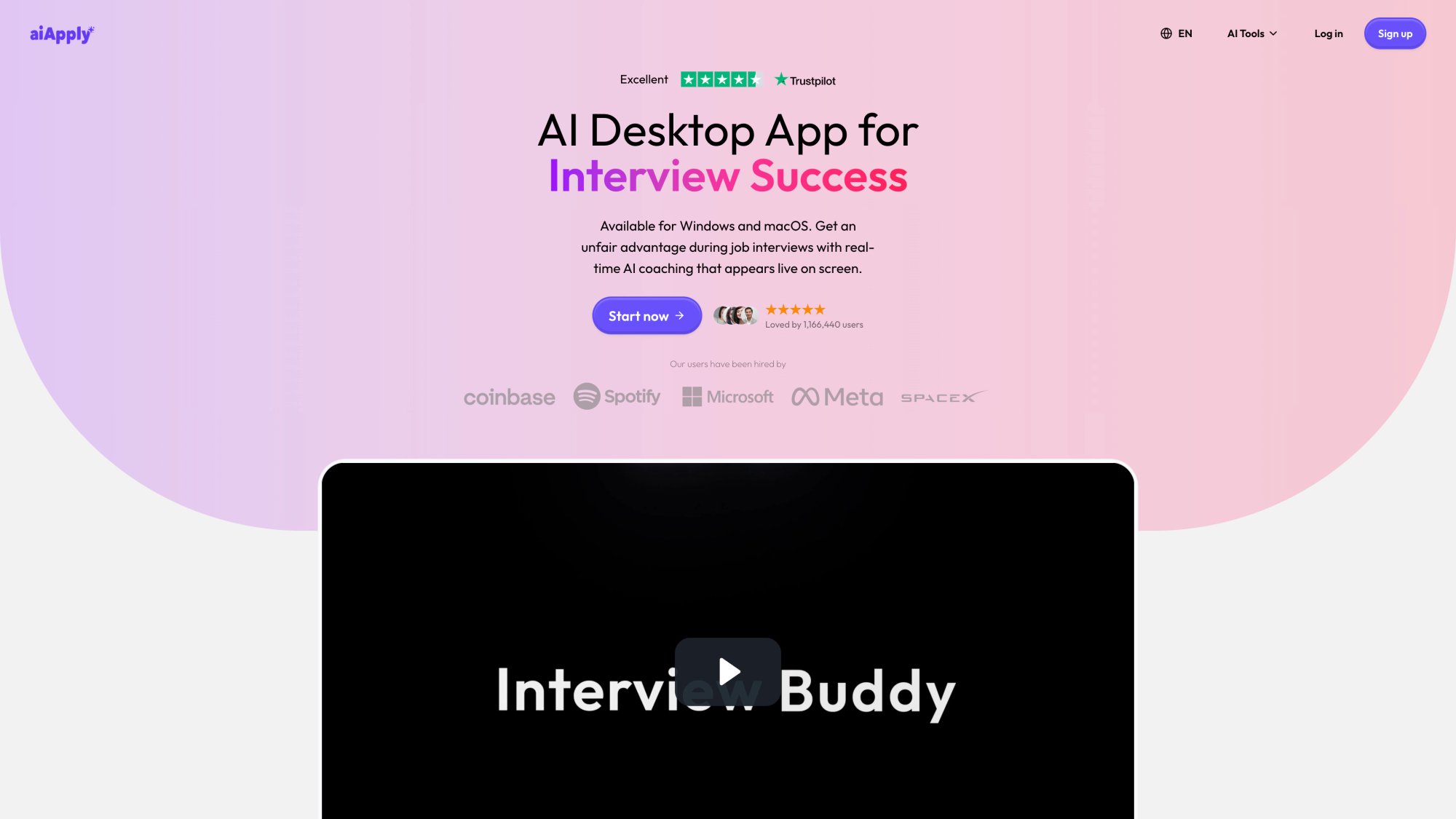 AIApply Interview Buddy page showing 'AI Desktop App for Interview Success' with Trustpilot rating and 1.1M user social proof