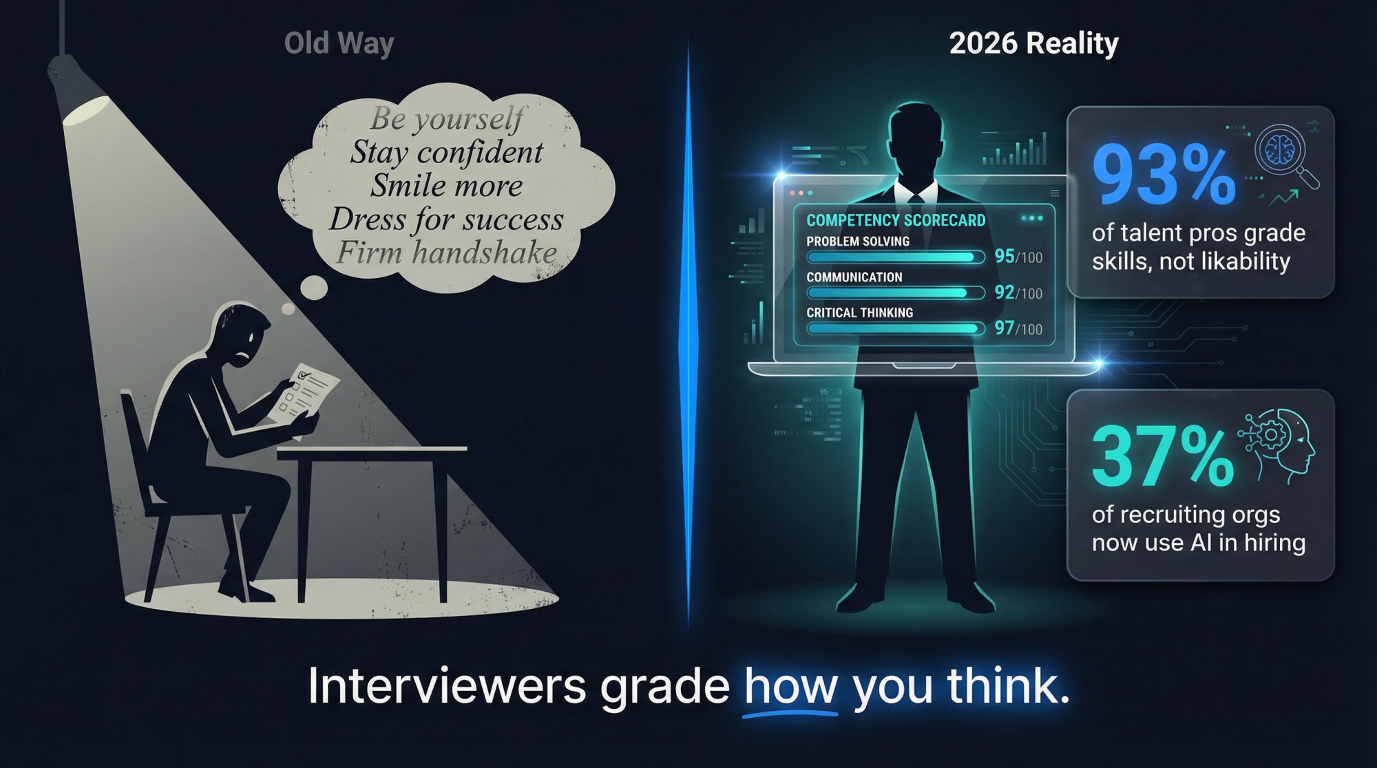 Editorial infographic showing 2026 hiring stats: 93% of talent pros grade skills and AI in 37% of recruiting orgs