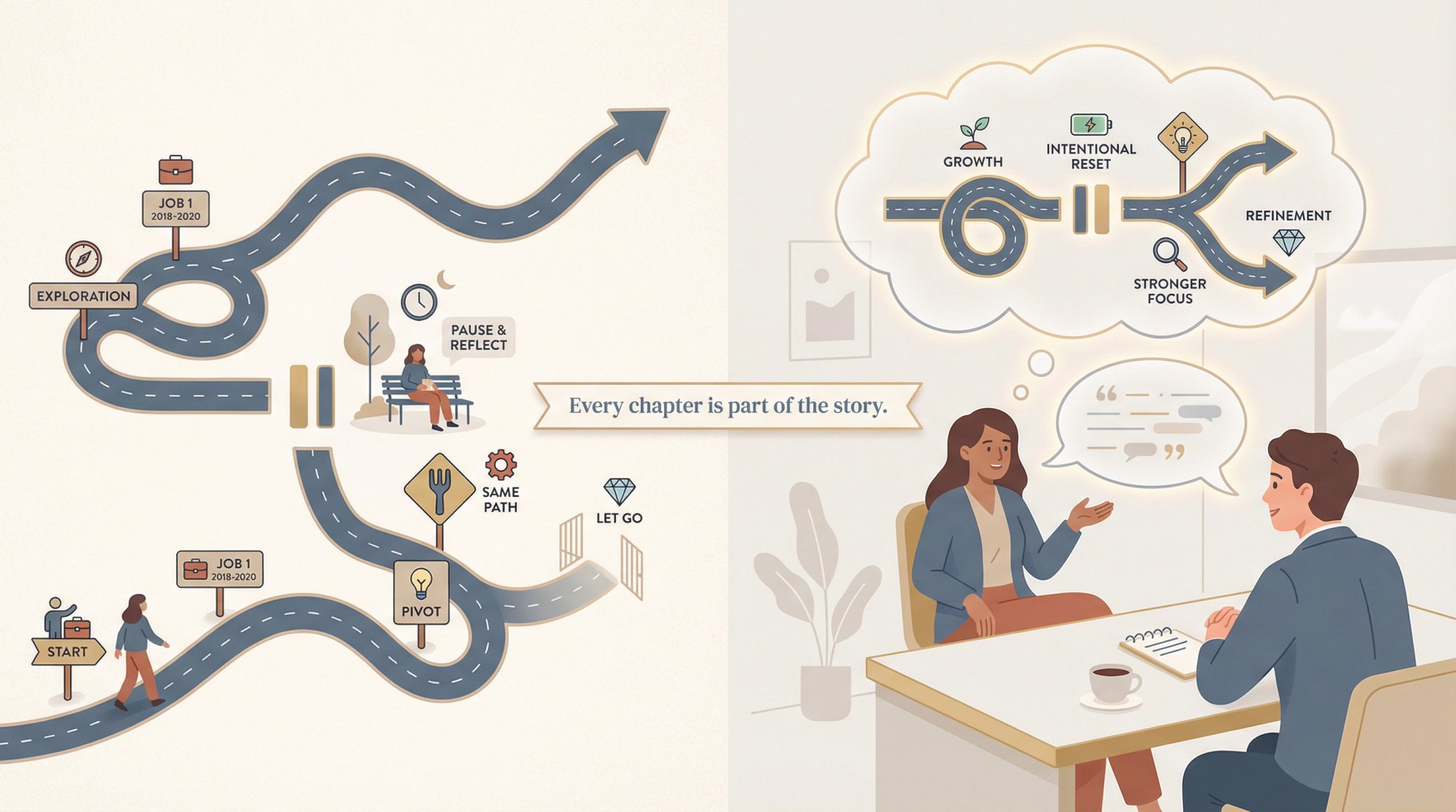 Editorial illustration of a non-linear career path with gaps and pivots transforming into a confident interview narrative