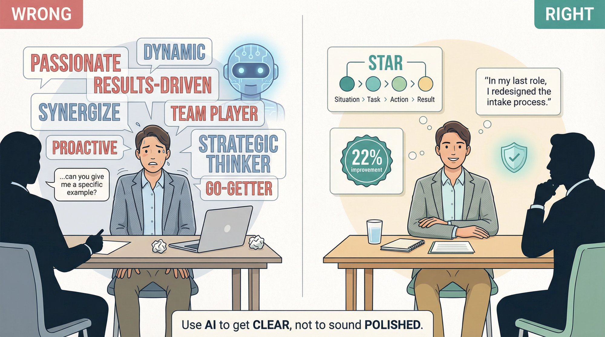 Split panel contrasting wrong AI interview prep with hollow buzzwords versus right approach with specific, defensible answers
