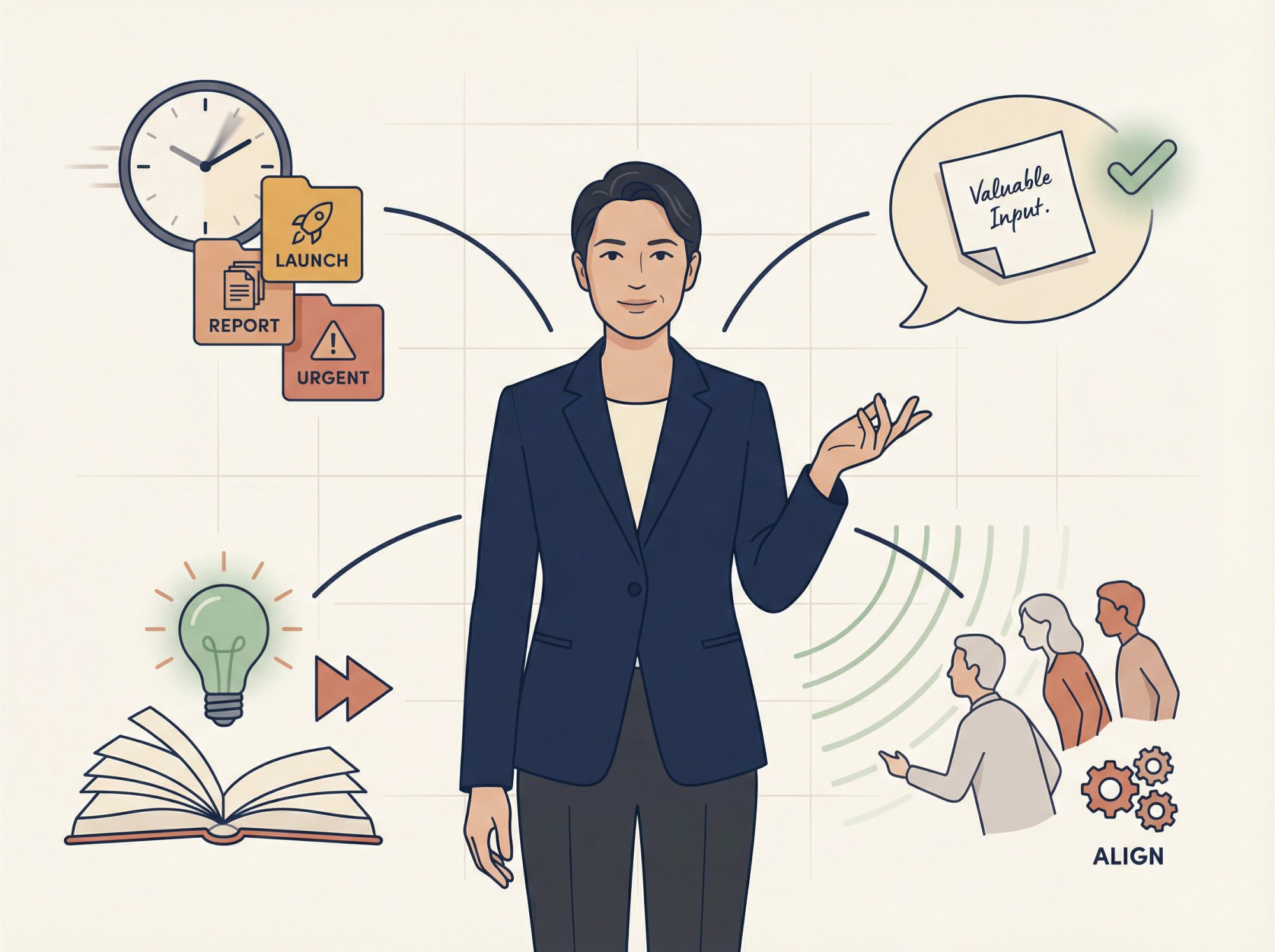 Editorial illustration of a calm professional navigating competing priorities, deadlines, feedback, and influence at work