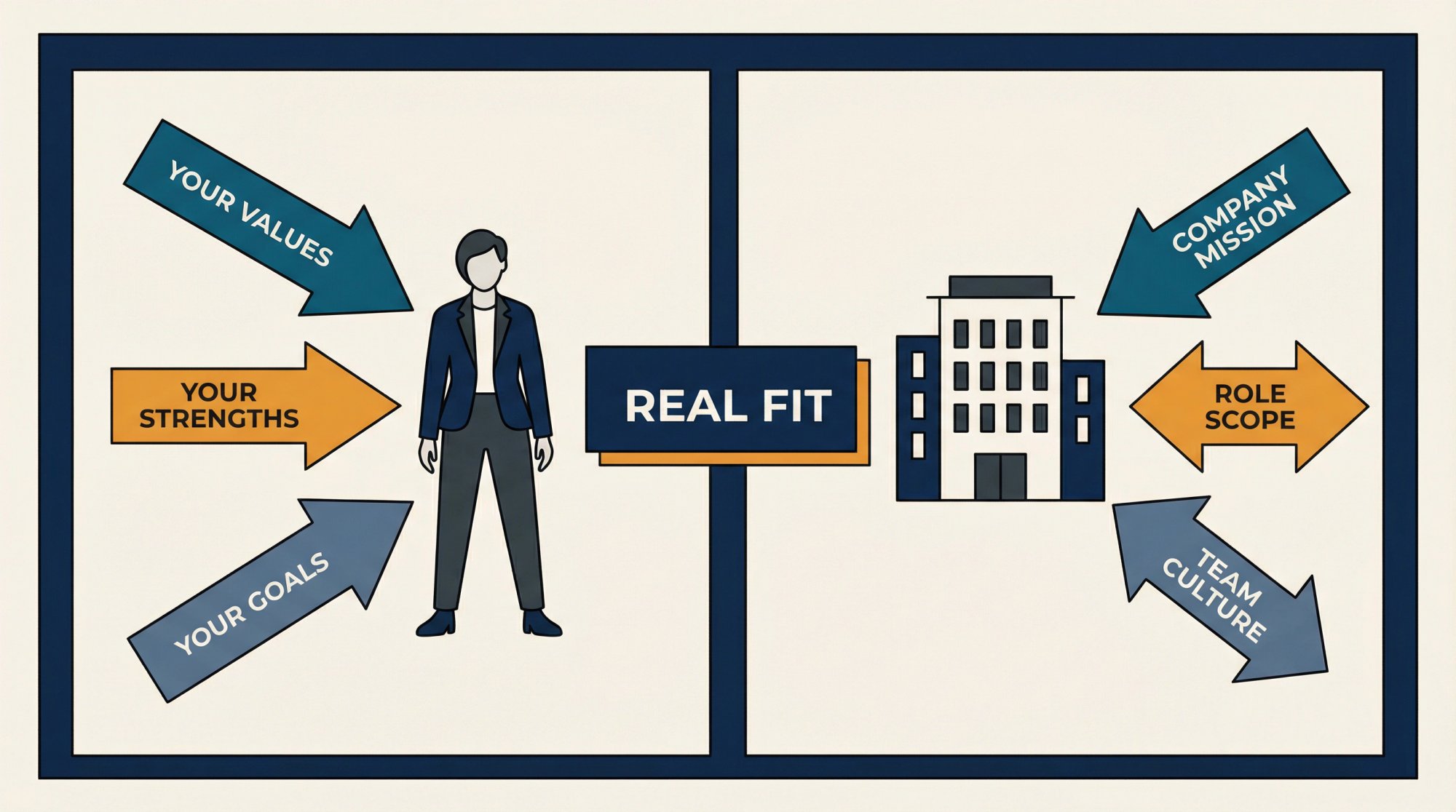 Editorial illustration showing a job candidate's values, strengths, and goals aligning with a company's direction using the company-role-you framework
