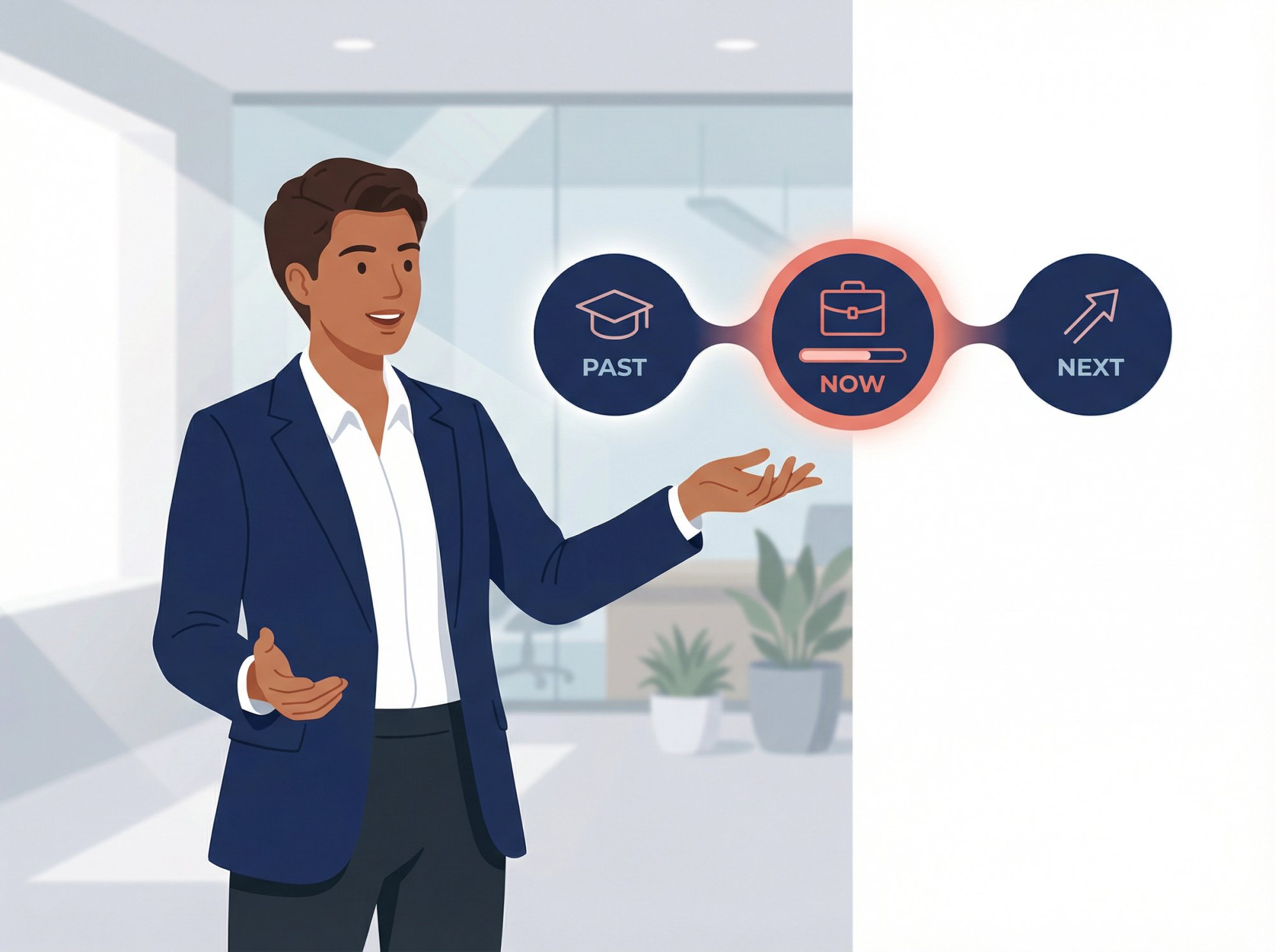 Editorial illustration of a job candidate confidently presenting their career story using a past-present-future timeline structure in an interview
