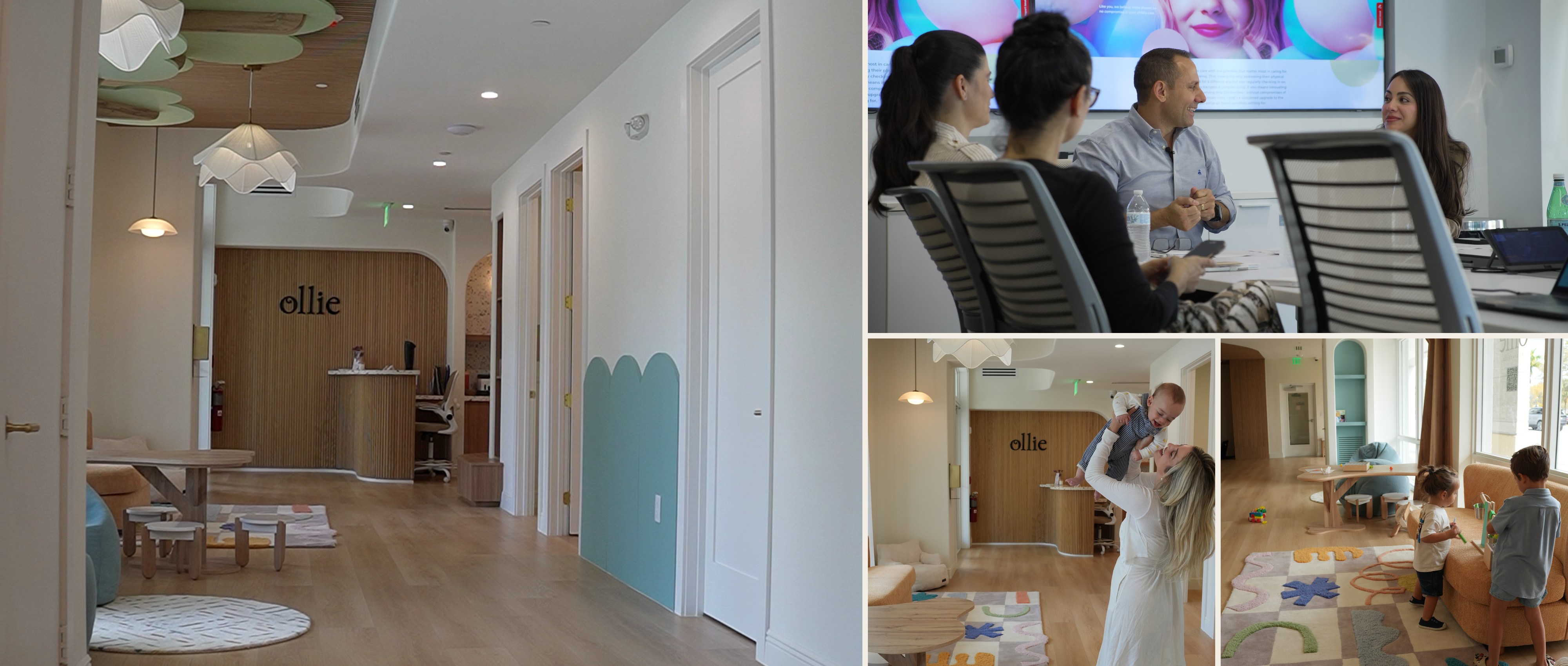 Collage of the Ollie Pediatrics office and care team meeting with families