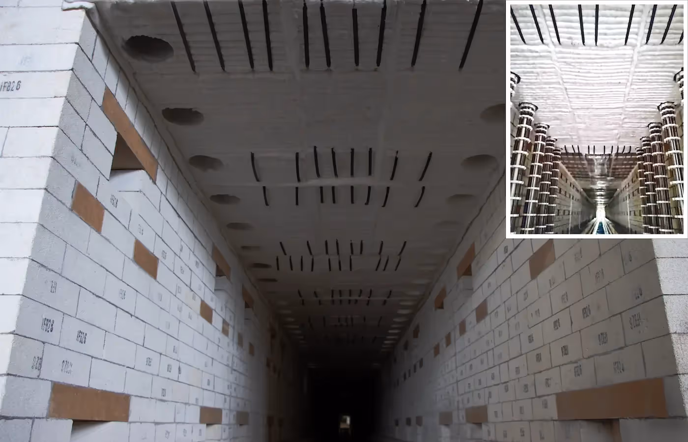 Interior view of kiln roof with Stud-Tite Modules and vertical heating element supports. .Stud-Tite Modules installed between brick sidewalls with space for silicon carbide heaters.