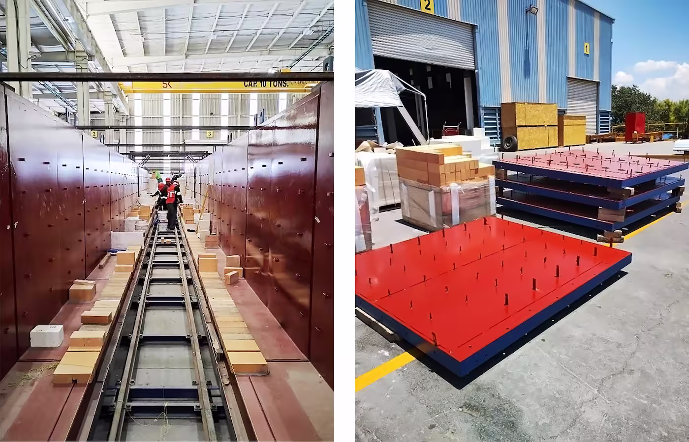 Interior del horno con paredes de acero y trabajadores preparando el techo para la instalación de los pernos Stud-Tite. Paneles de techo con pernos Stud-Tite soldados y recubiertos, listos para su envío.