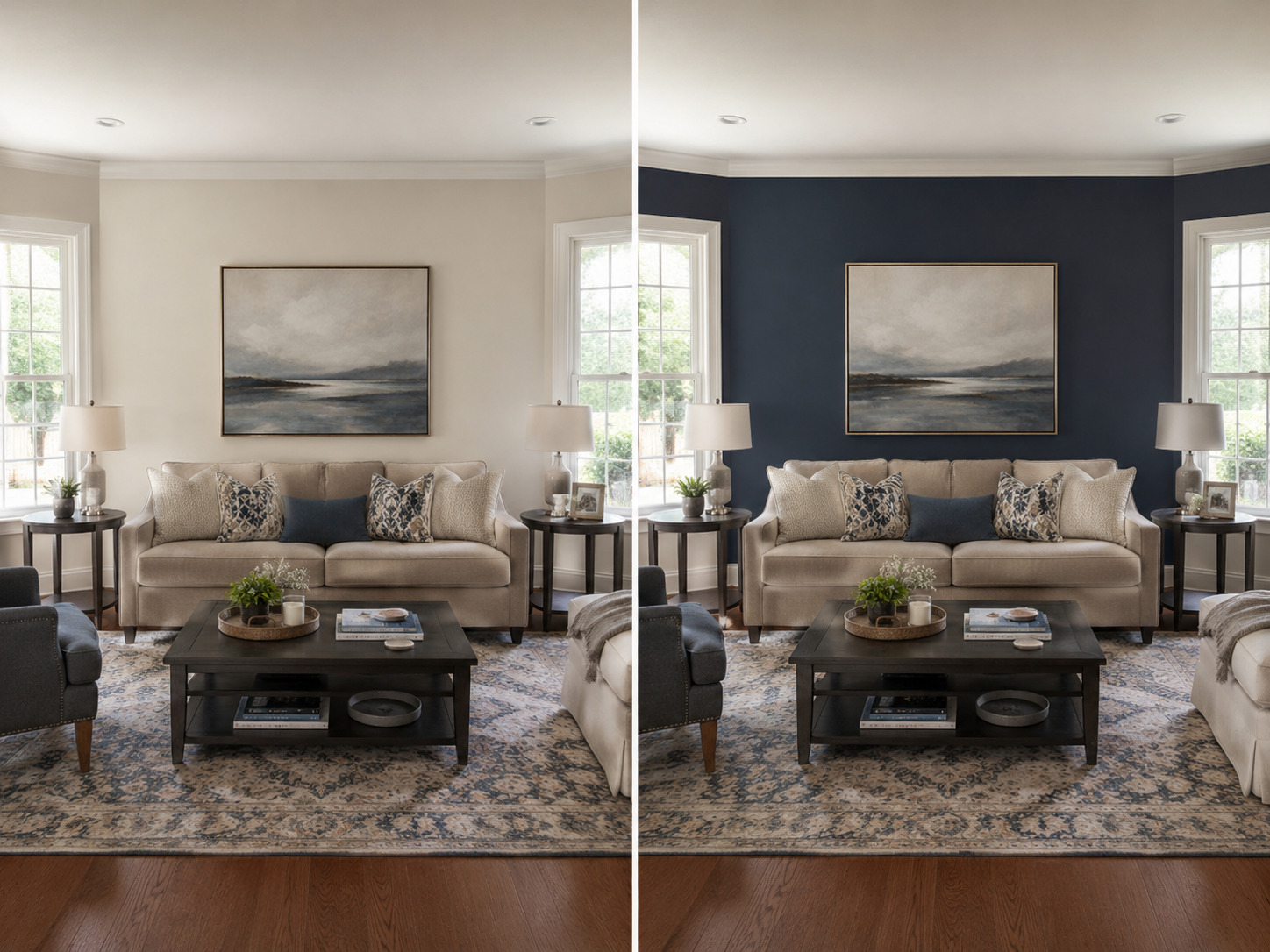 accent wall before and after in a living room with a deep painted feature wall