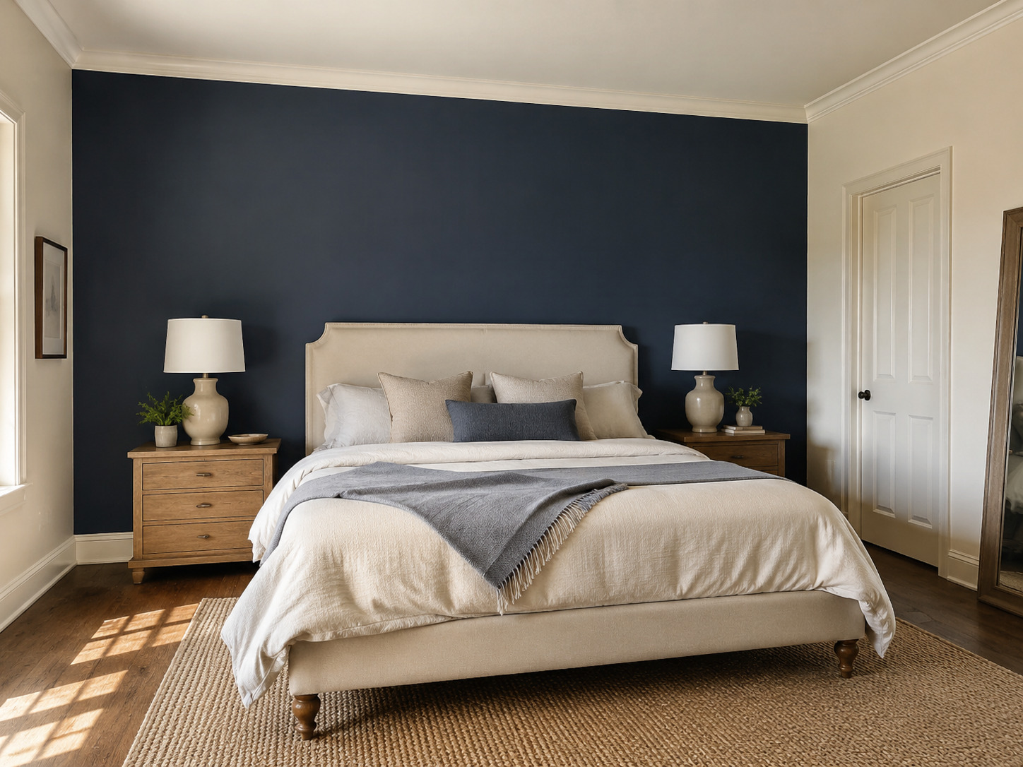 navy blue accent wall behind a bedroom headboard