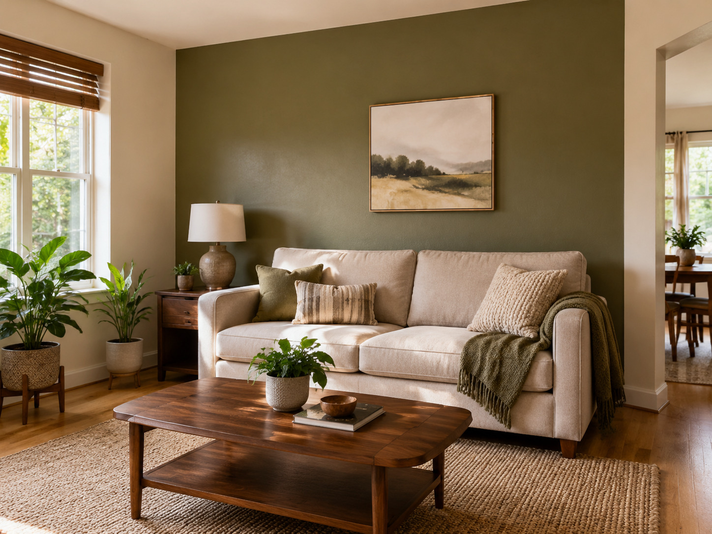 olive green accent wall in a living room behind a sofa
