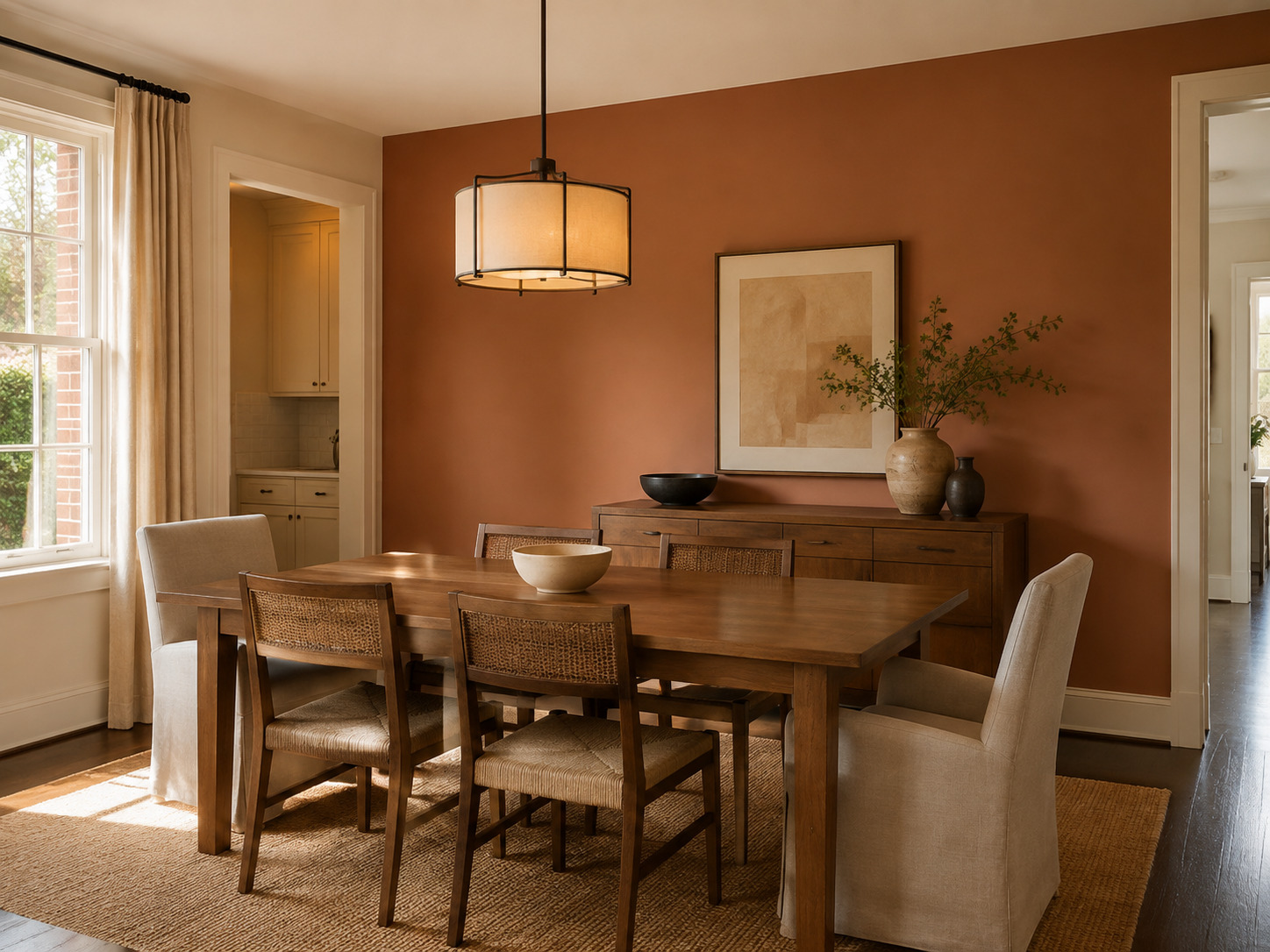 terracotta accent wall in a dining room behind the table