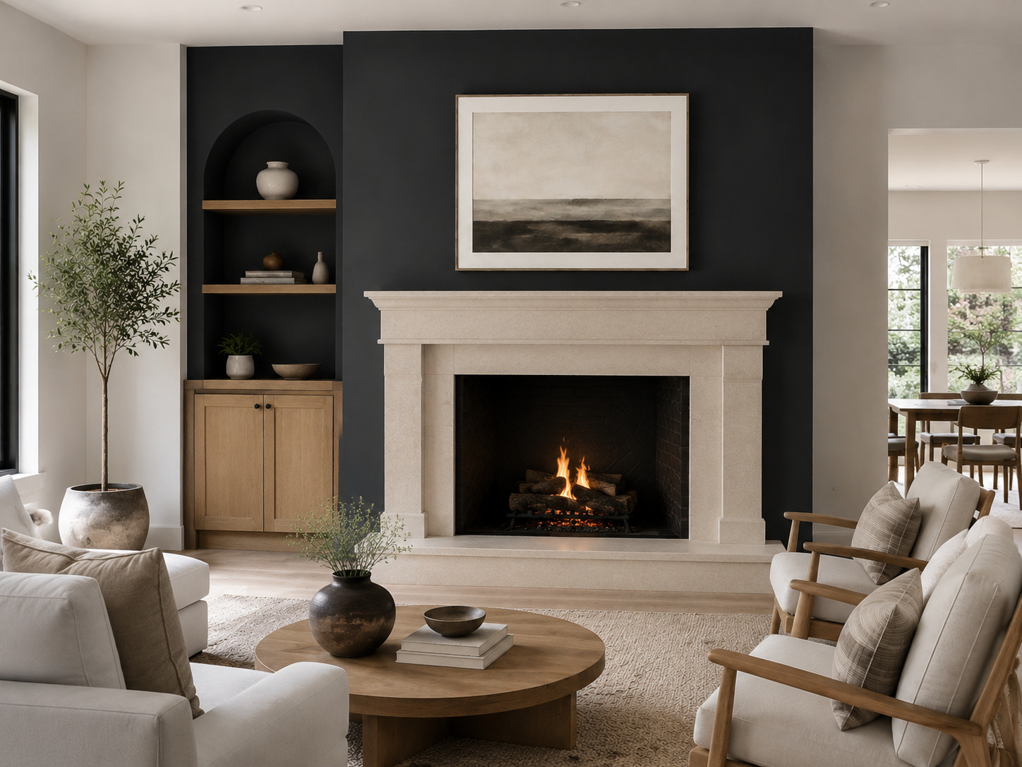 charcoal accent wall on a fireplace wall in a modern living room