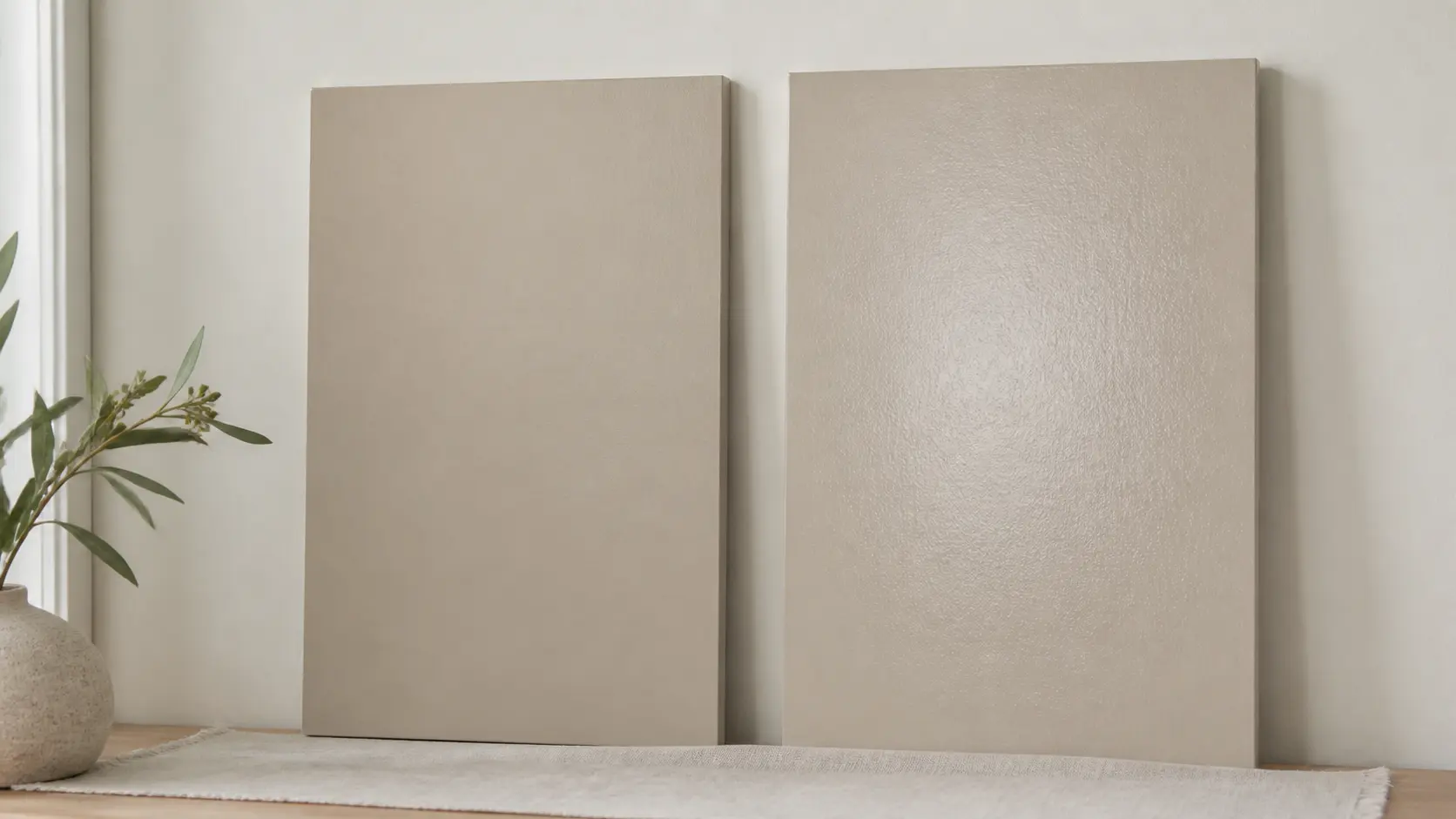 Eggshell and satin paint samples in the same color under identical lighting