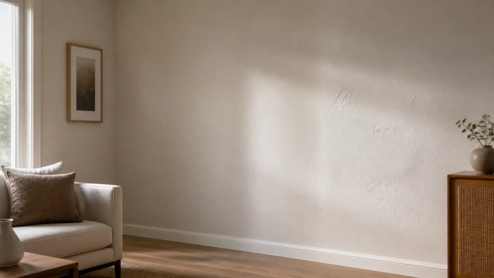 Living room wall in side light showing how paint sheen affects visible texture