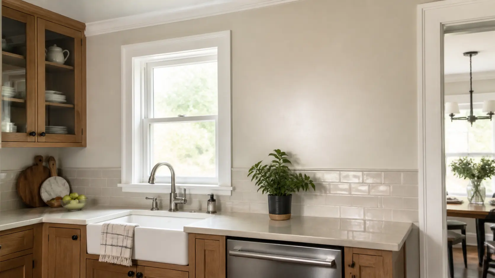 Satin kitchen wall beside higher-sheen painted trim