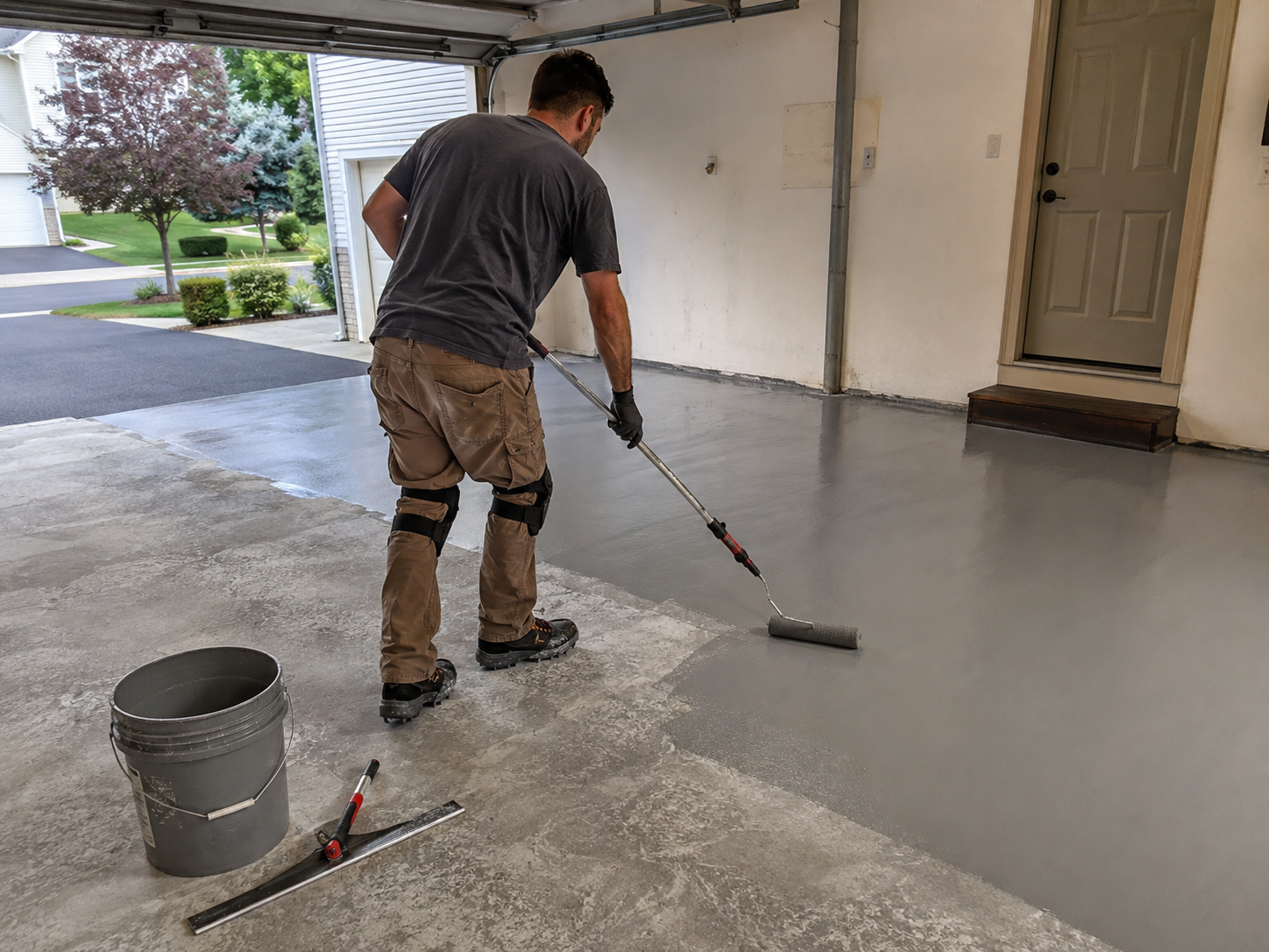 Professional installer rolling gray epoxy onto a prepared concrete garage floor.