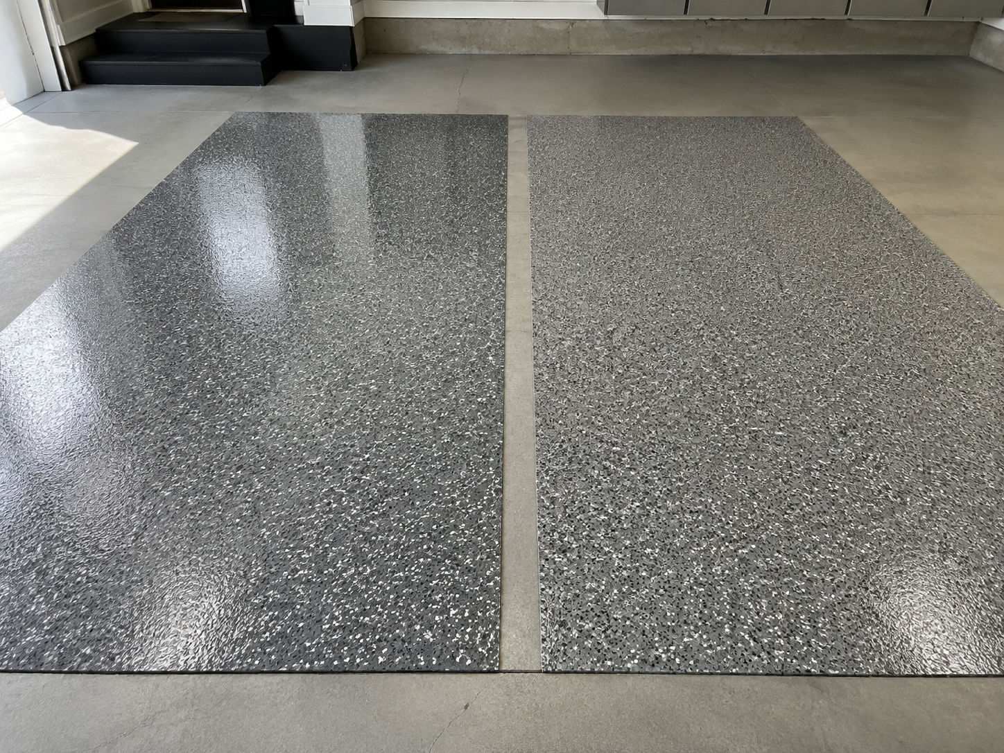 Side-by-side epoxy and polyaspartic garage floor finishes.