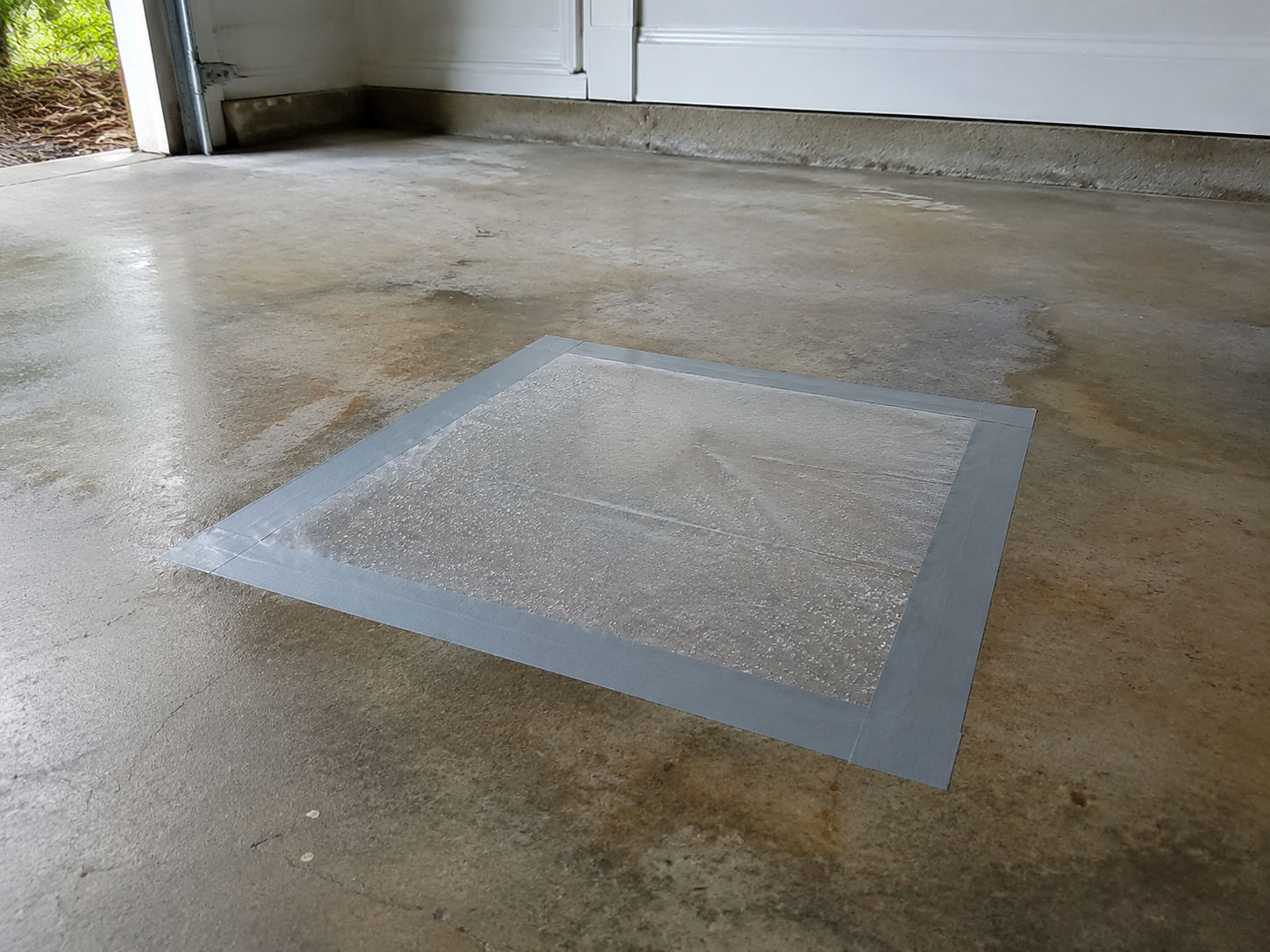 Clear plastic moisture test sheet taped to a concrete garage floor before epoxy installation.