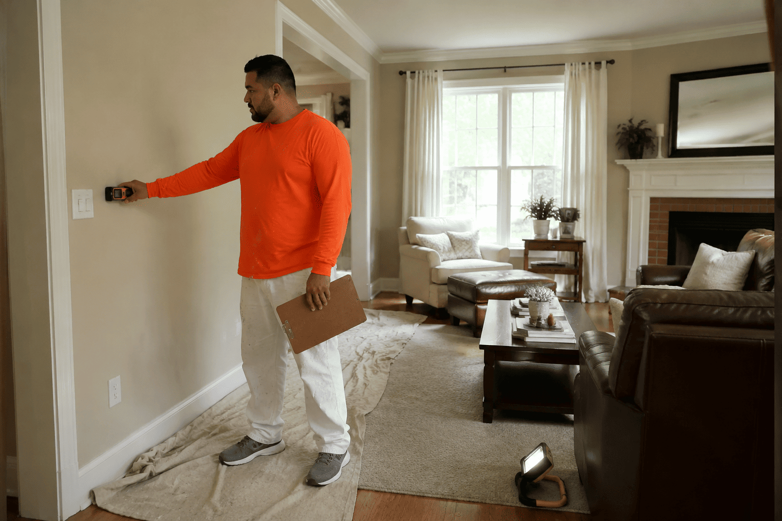A painter measuring a living room wall while preparing an interior painting cost estimate in Northern Virginia.