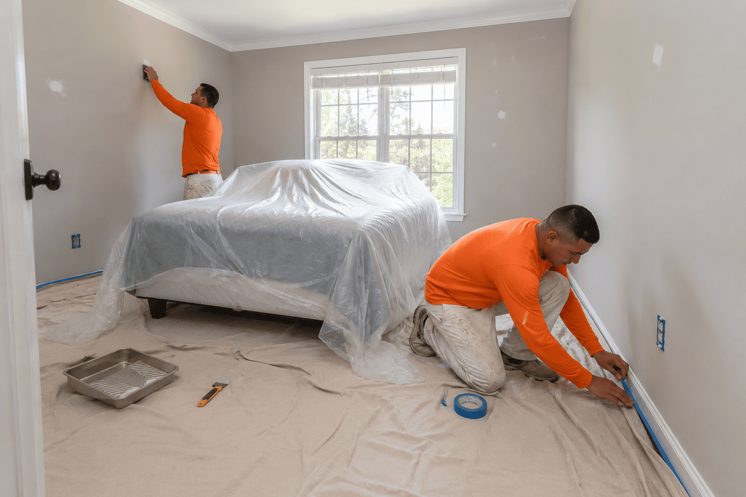 A 12x12 bedroom prepared for professional wall painting with protected floors and furniture.
