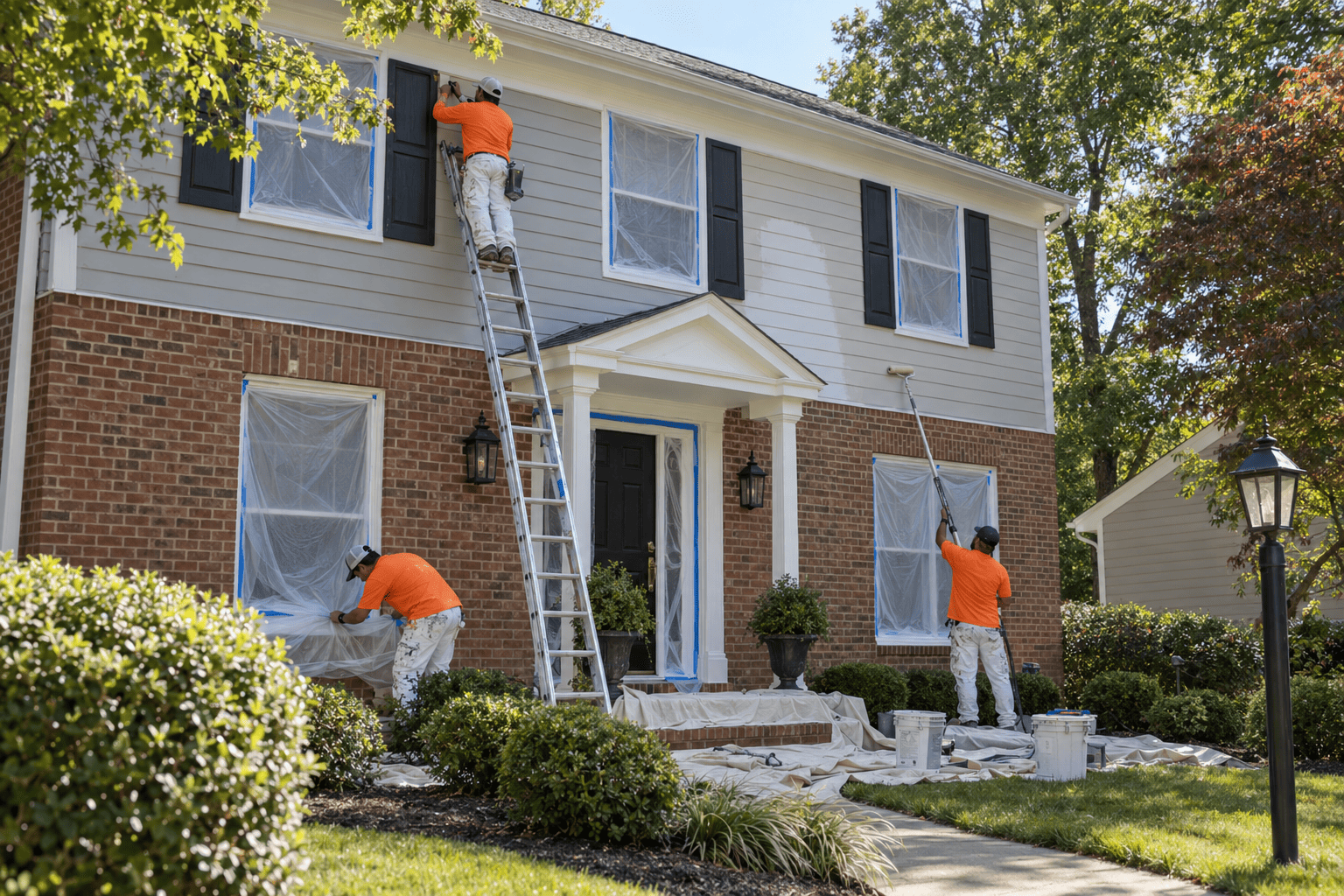 MyPainter crew painting a two-story house exterior in Northern Virginia using ladders and rollers.