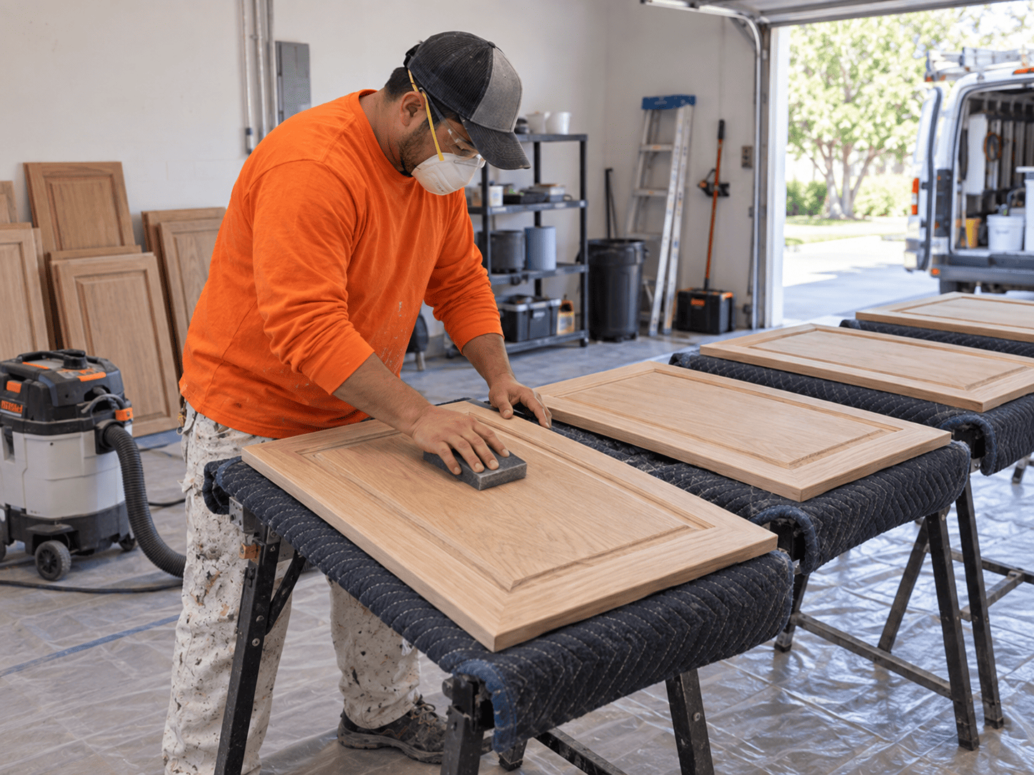 kitchen cabinet doors prepped for painting