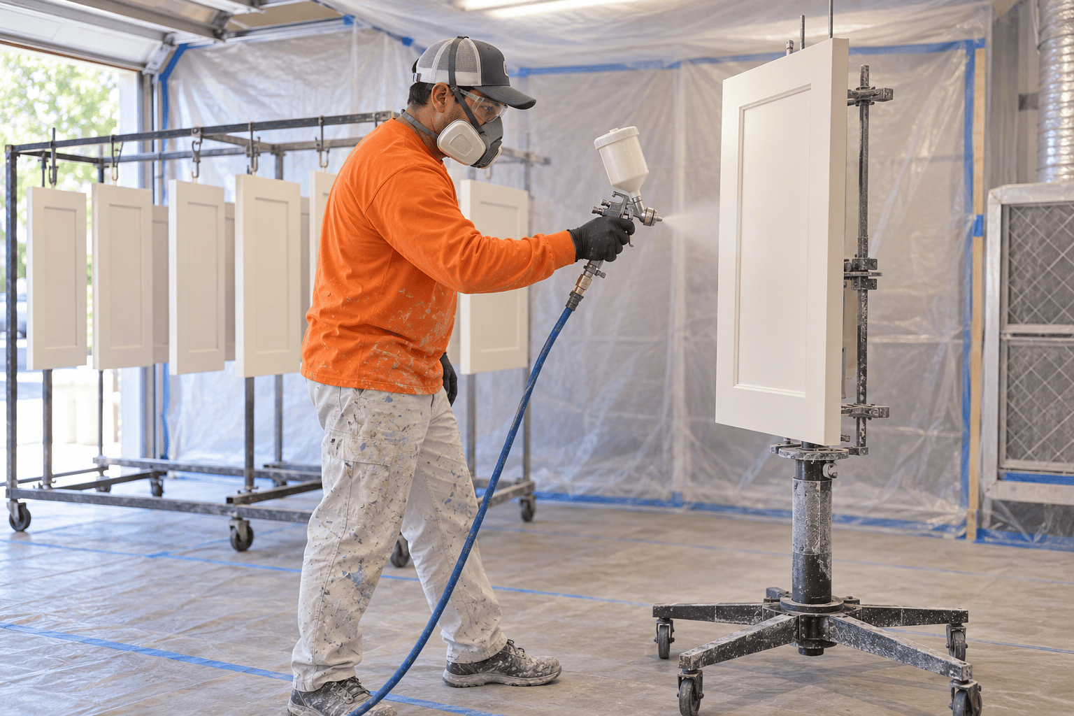 Professional painter inspecting newly painted white kitchen cabinets
