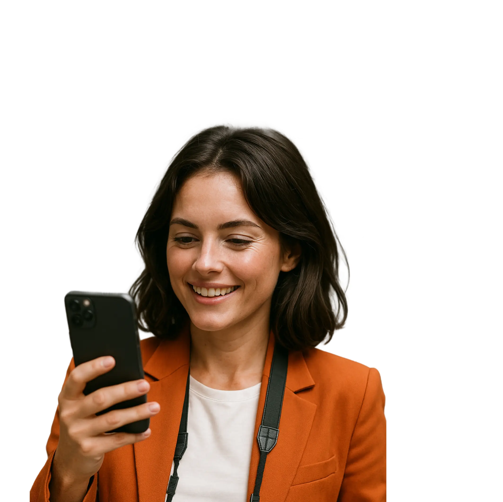 Fotógrafa que ilustra cliente da Assis sorrindo usando um celular