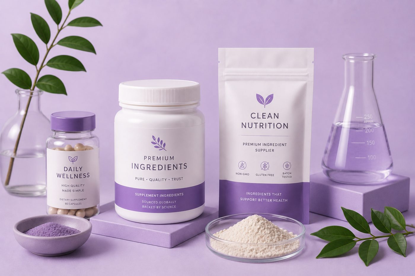 Ingredient powders and a premium ingredient jar on a lavender background