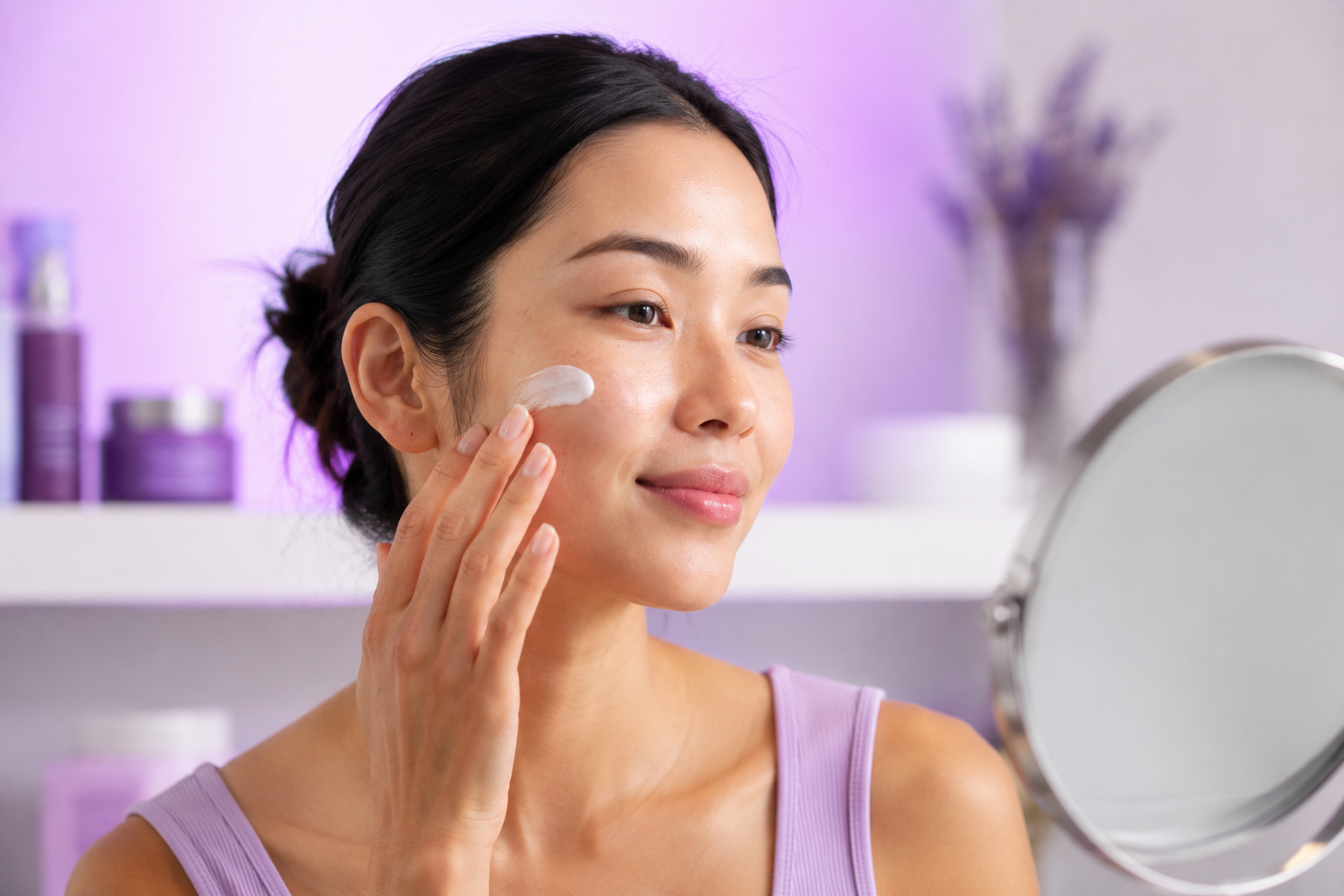 Skincare and haircare products on a lavender background