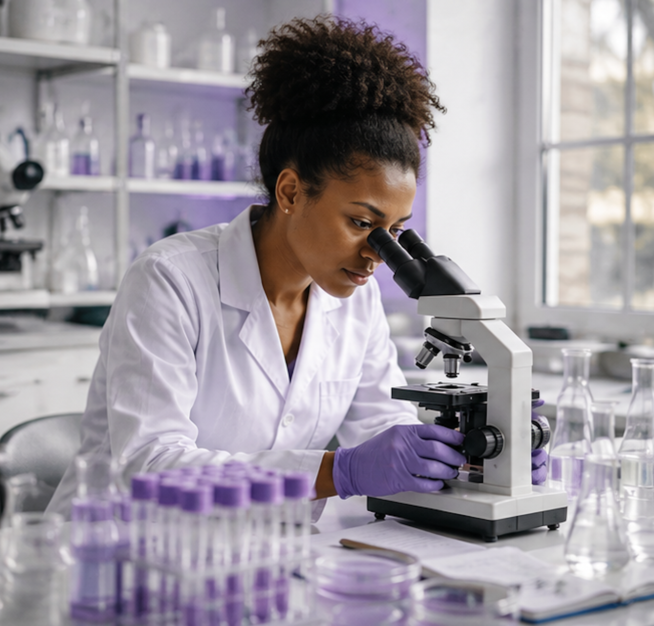 Study products and laboratory glassware on a lavender background