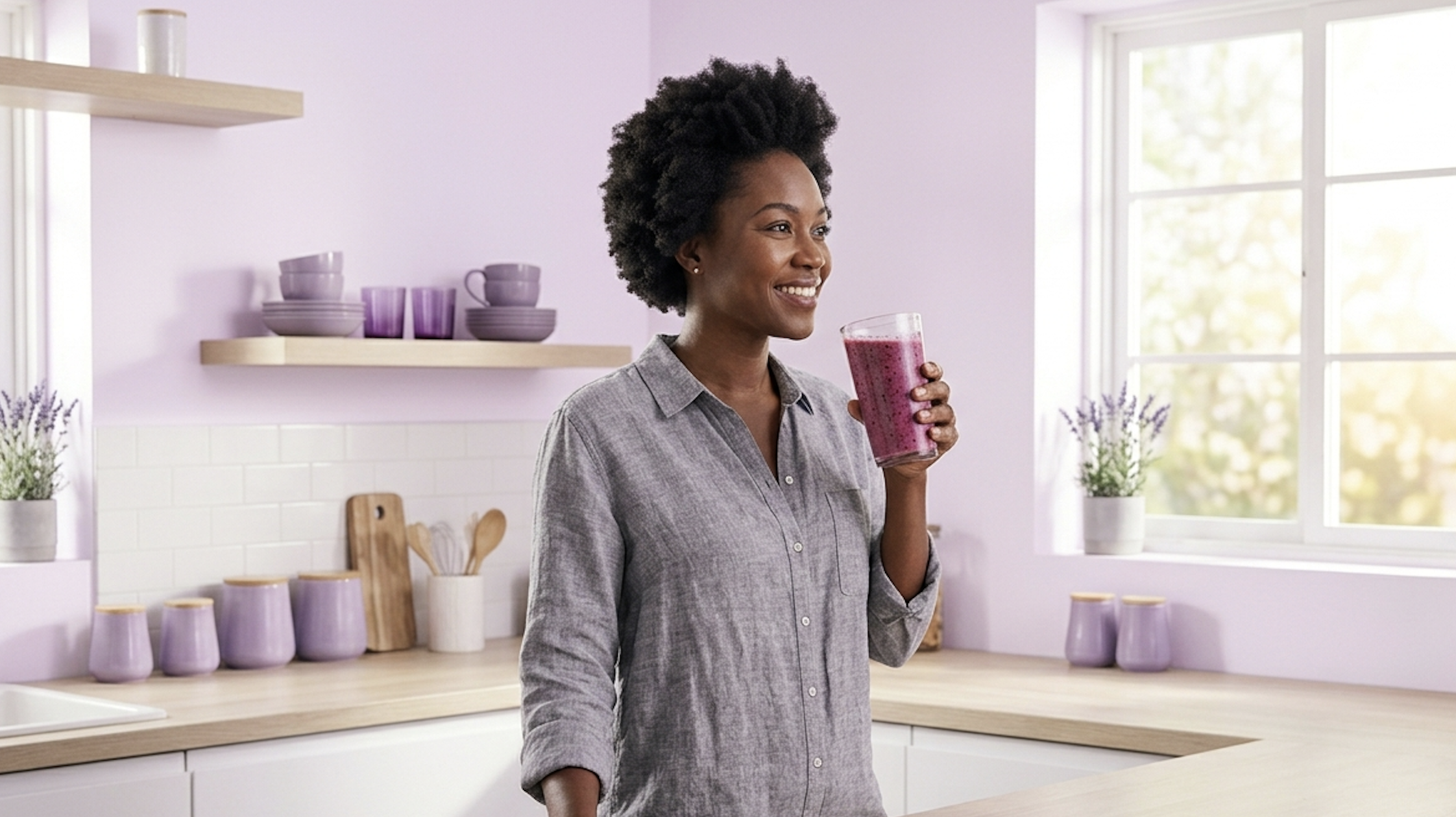Functional food and supplement products on a lavender background