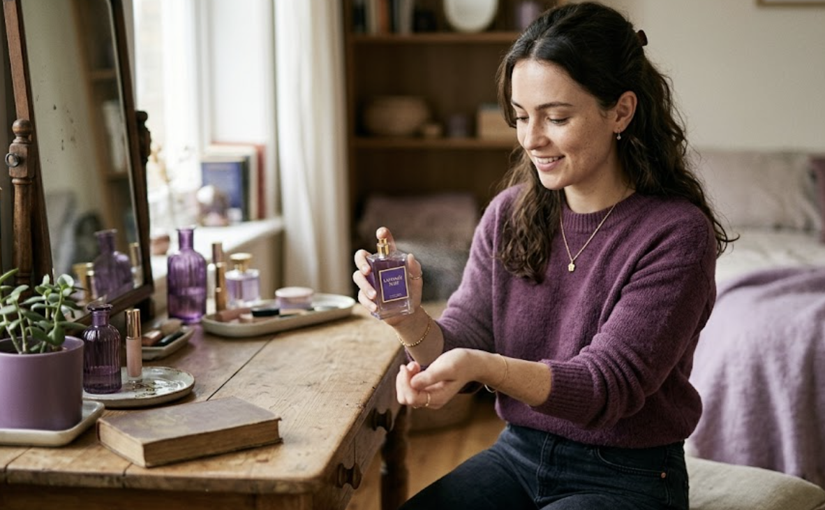 A haircare and beauty product range on a lavender background