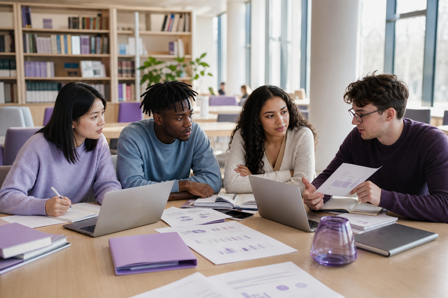 Students talk in the library.