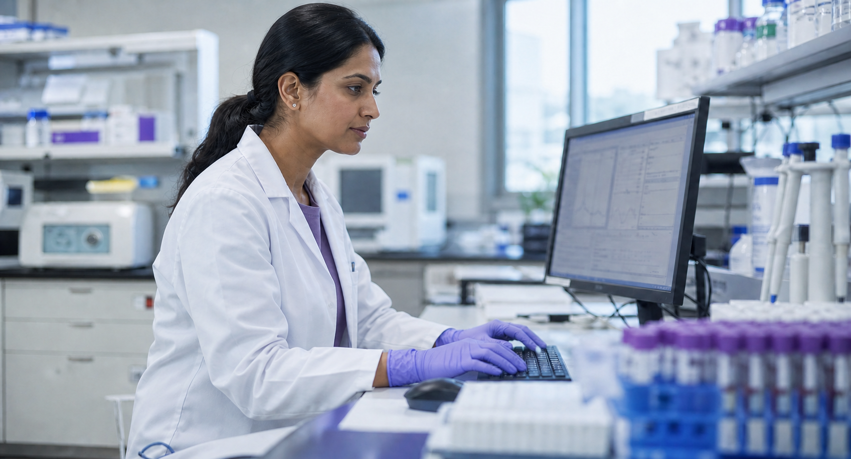 Study products and laboratory glassware on a lavender background