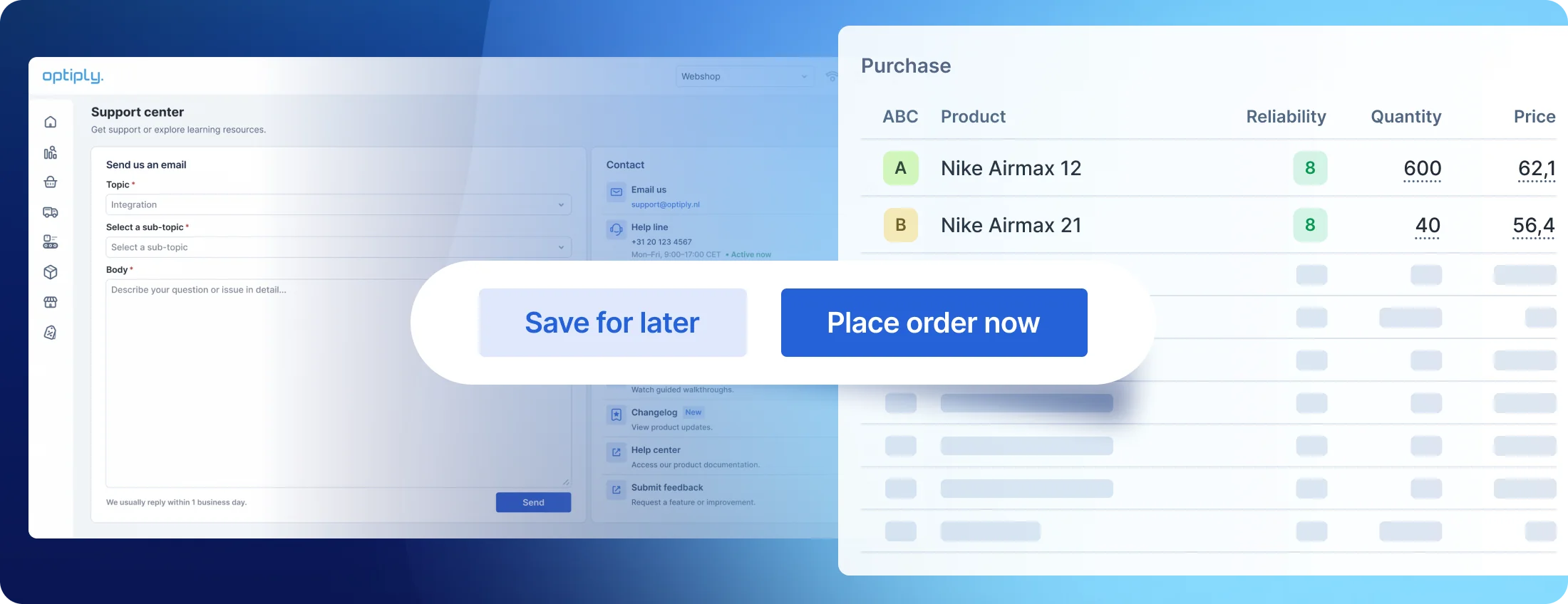 Optiply Support center and the Place order button on a purchase order