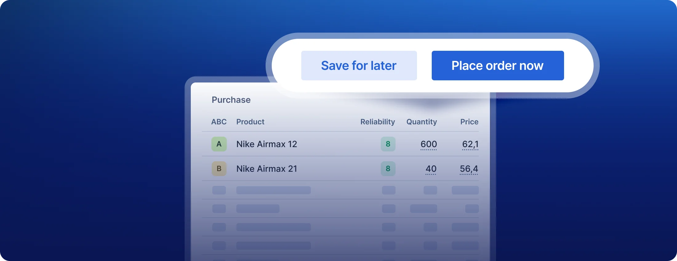 Place order button next to Save for later on an Optiply purchase order